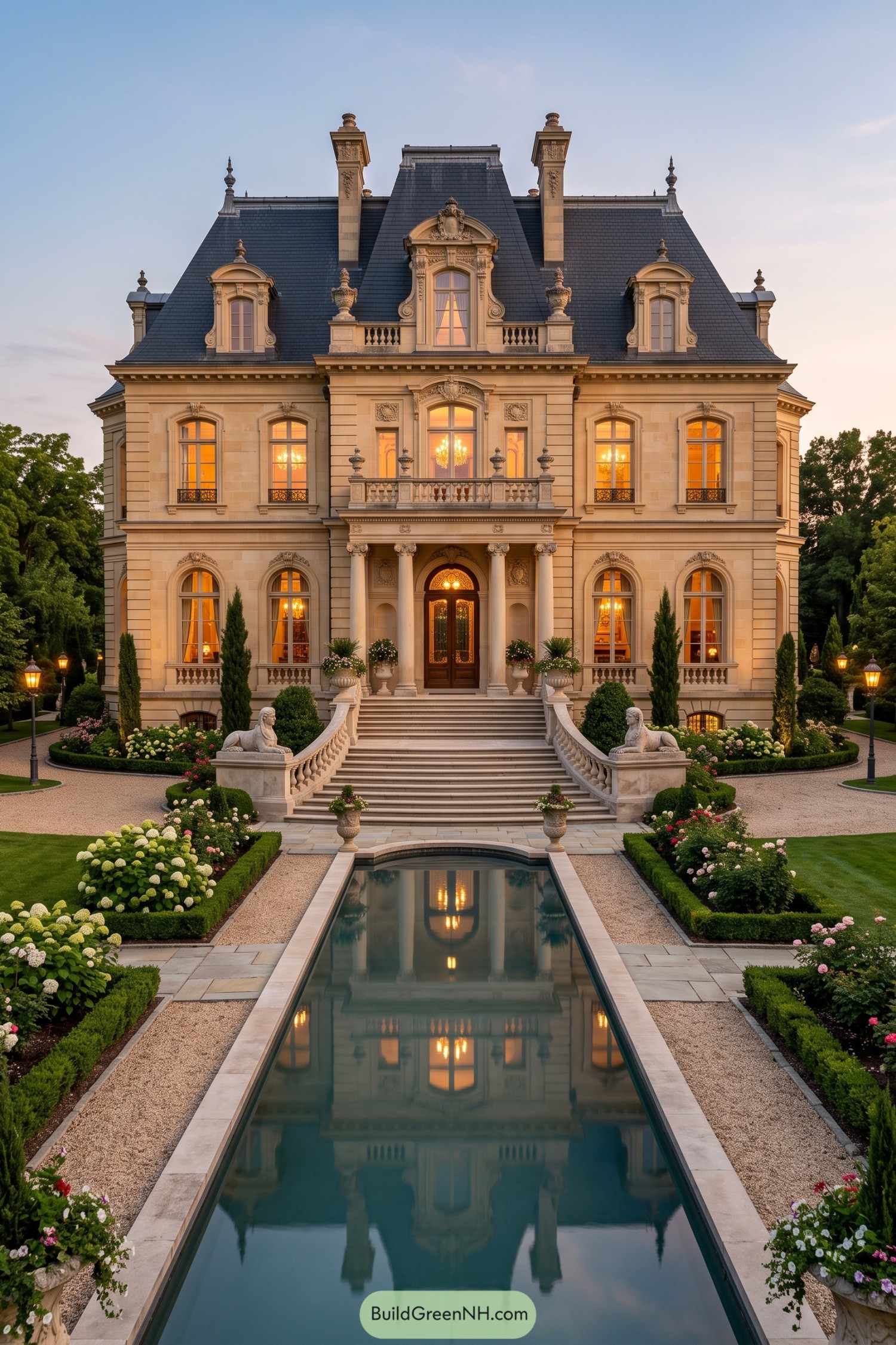 Limestone mansion with formal pool and curved staircase