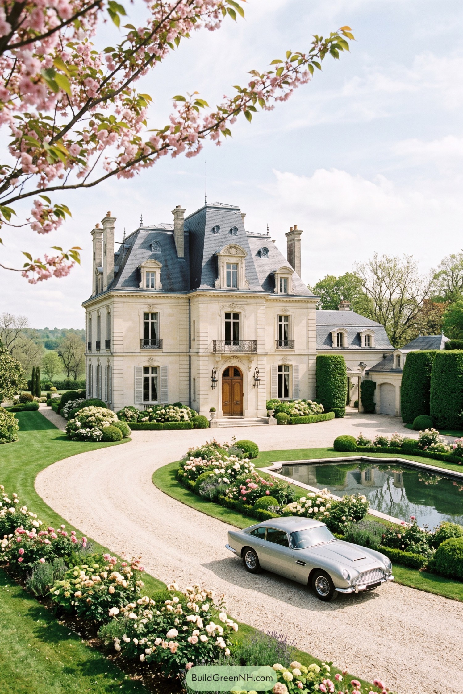 Cream stone villa with a slate mansard roof beside formal rose gardens and a reflecting pool