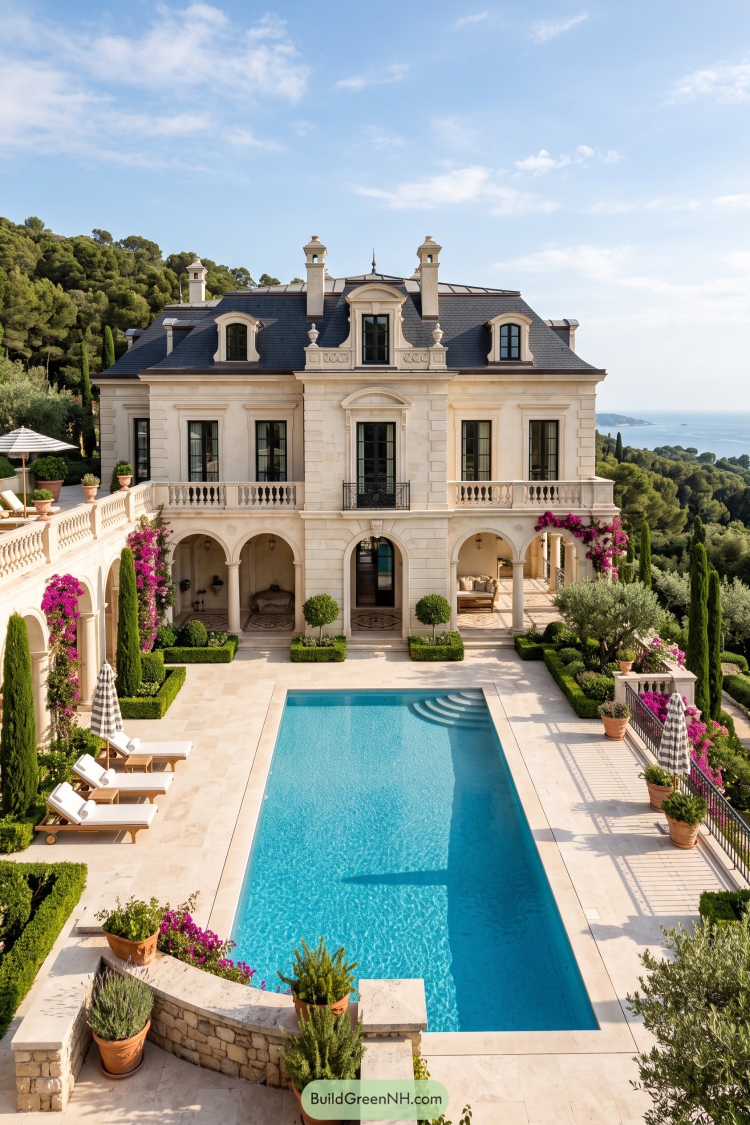Cream stone villa with arcades pool terraces and sea views