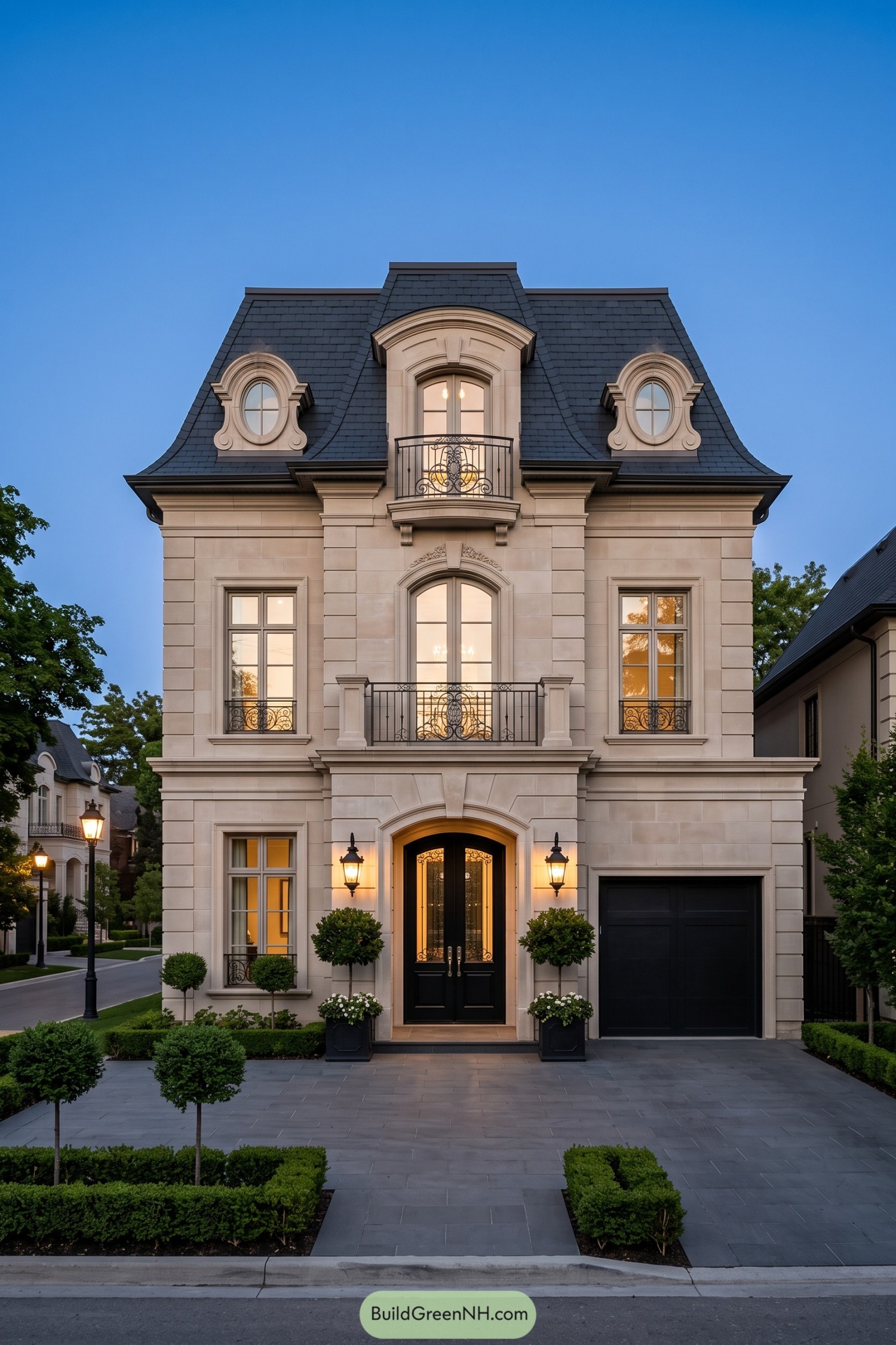 Three story limestone townhouse with a slate mansard roof and wrought iron balconies
