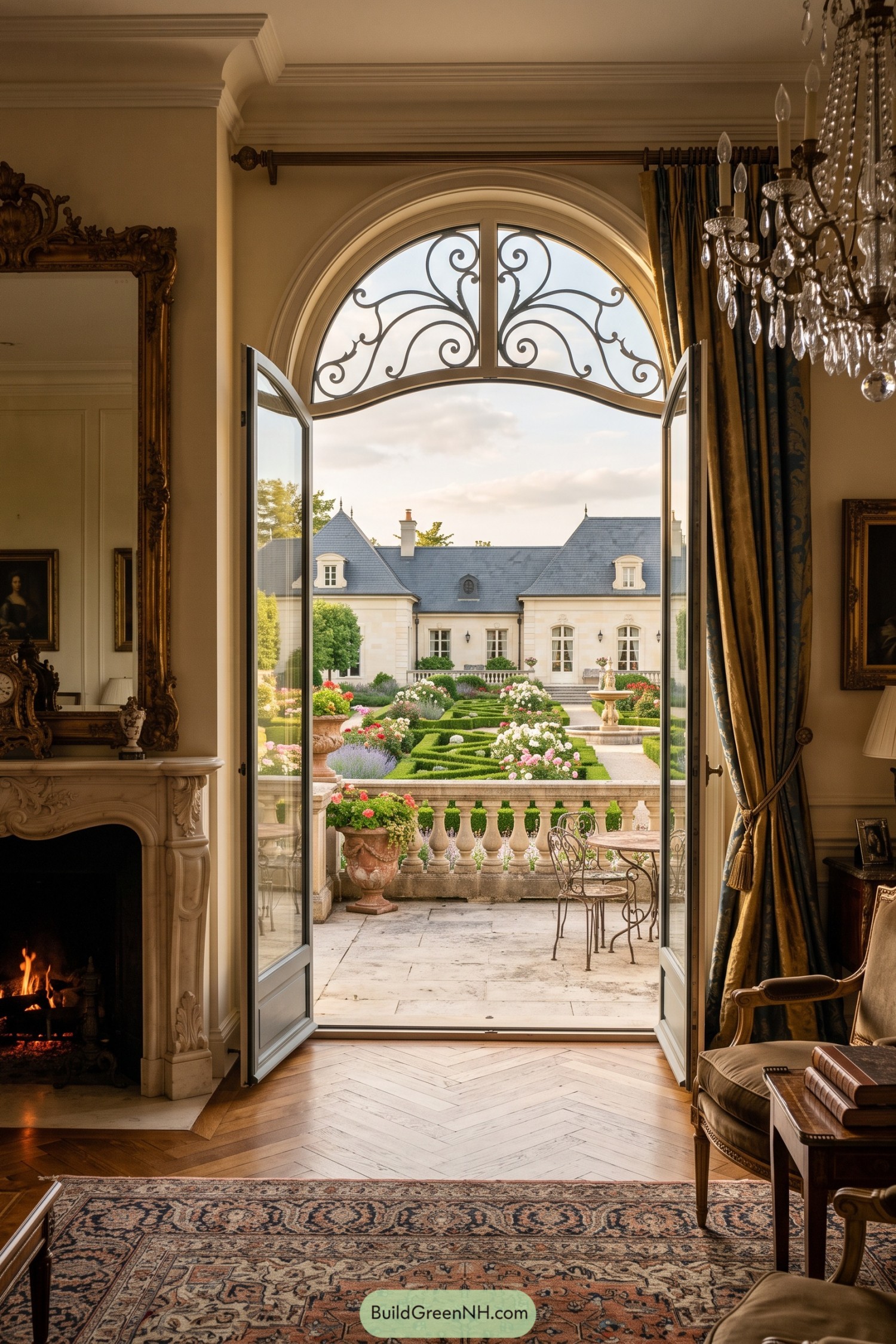 Arched French doors open from an ornate salon onto a formal flower garden