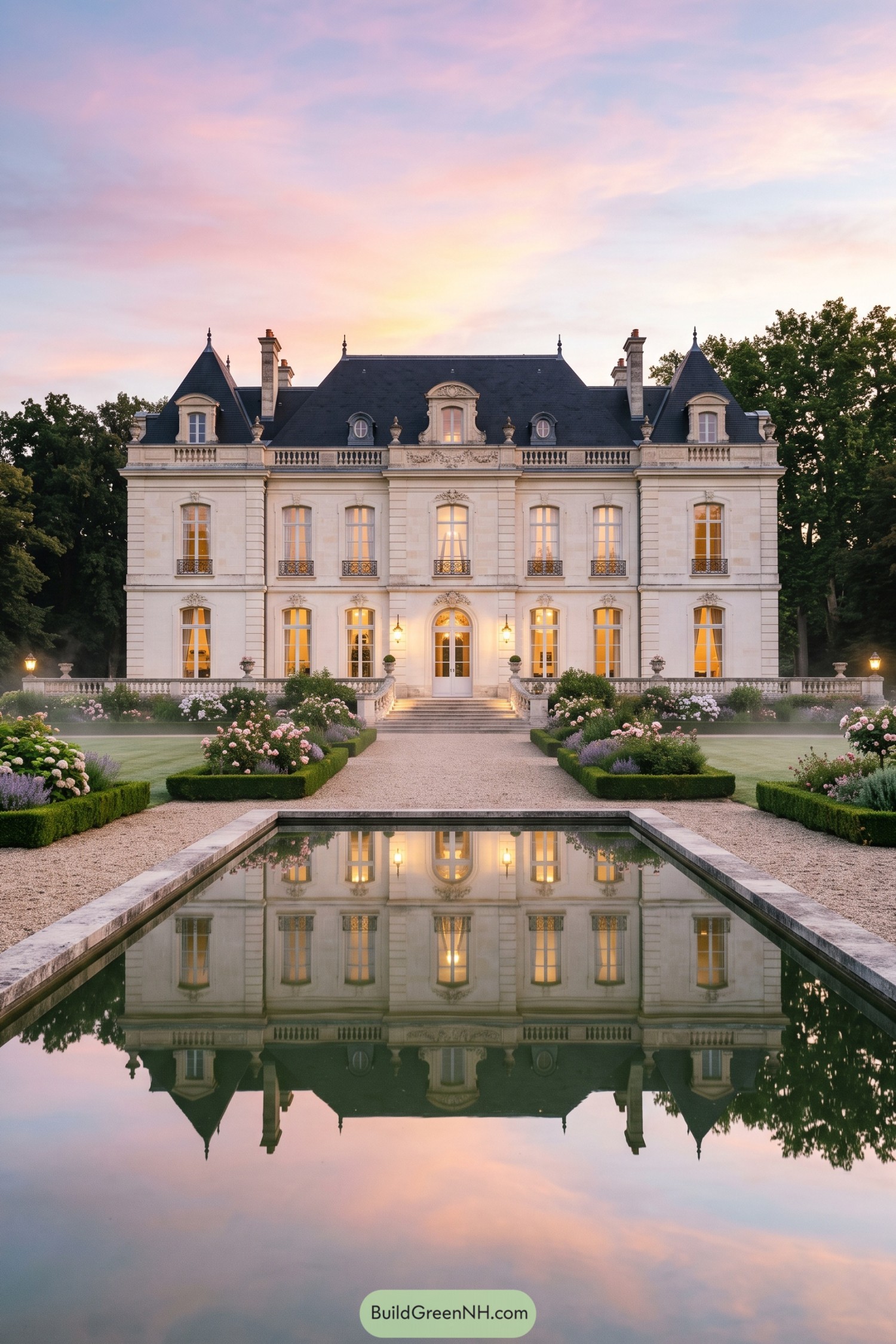 Limestone villa with turrets reflected in a formal pool