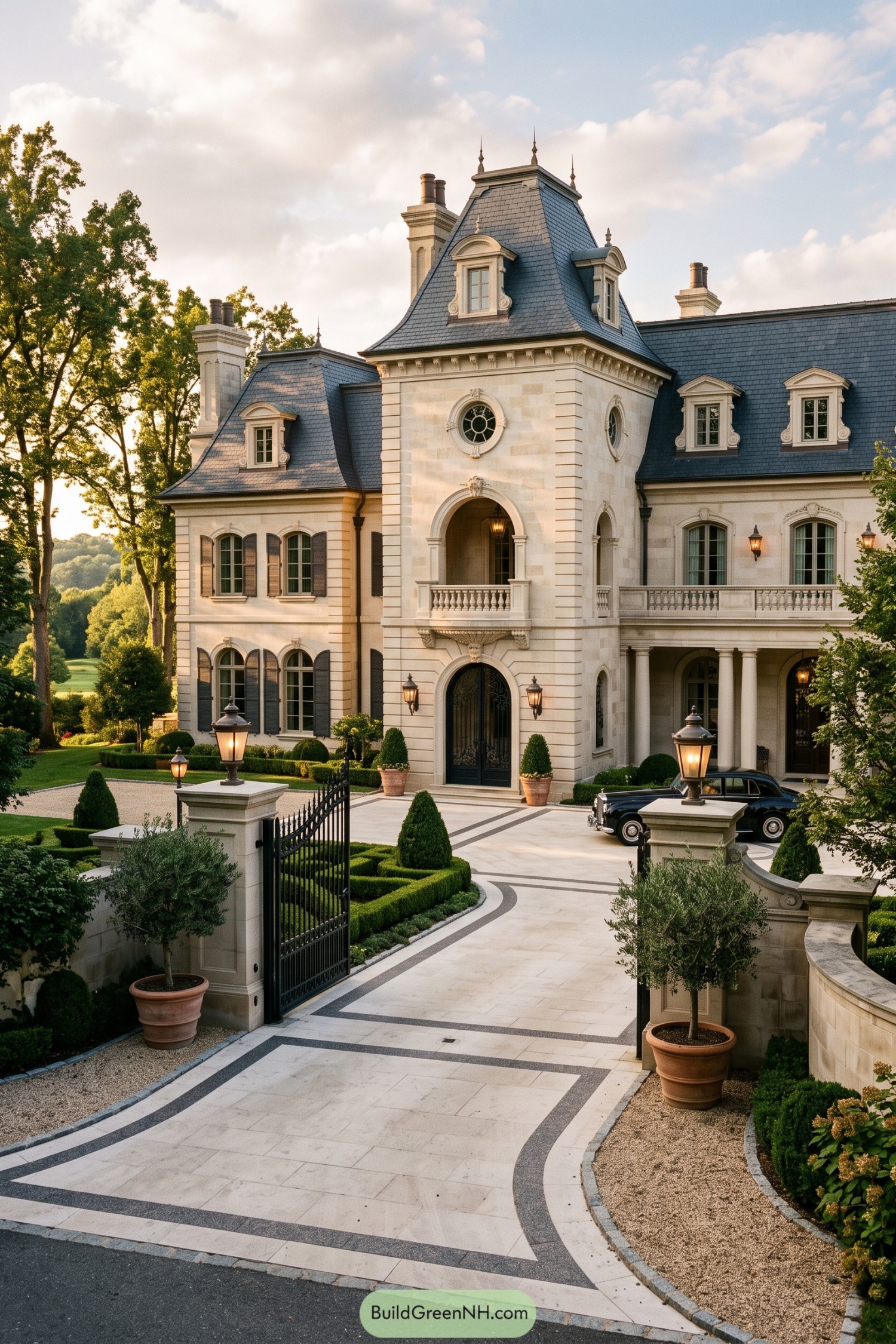 Limestone villa with slate mansard roof and formal entry court