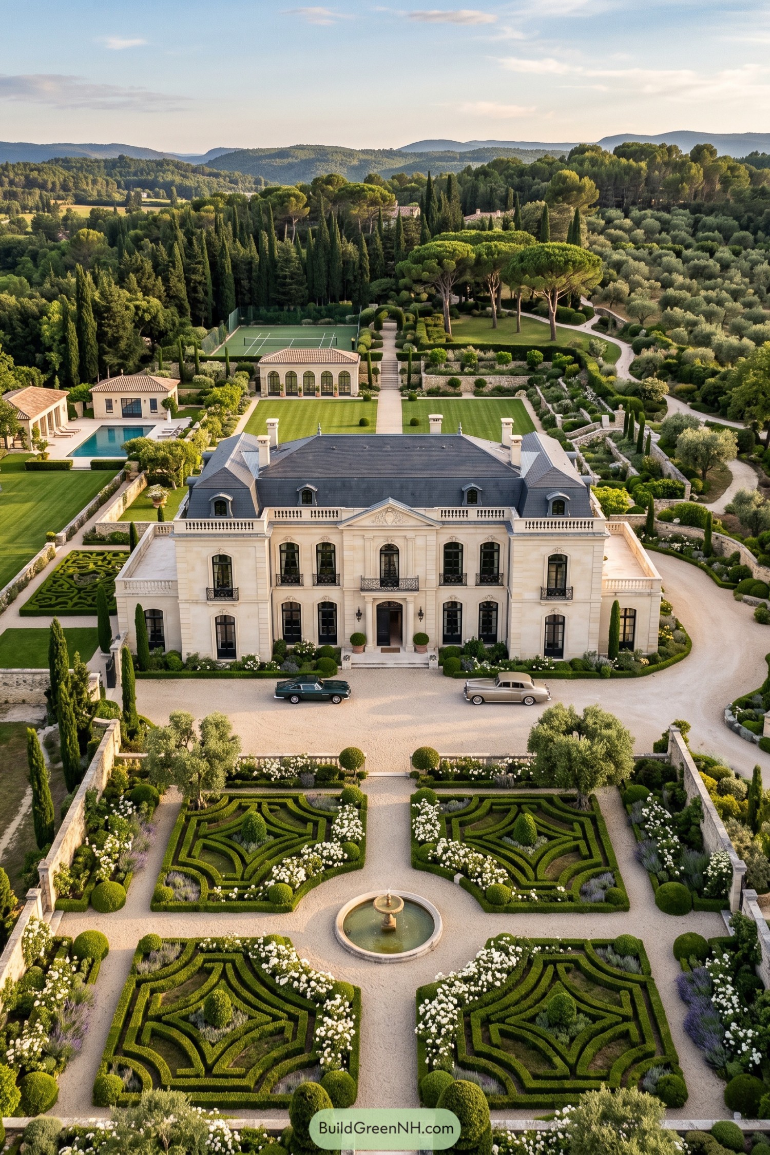 A limestone manor with formal parterres pool and tennis court amid olive groves