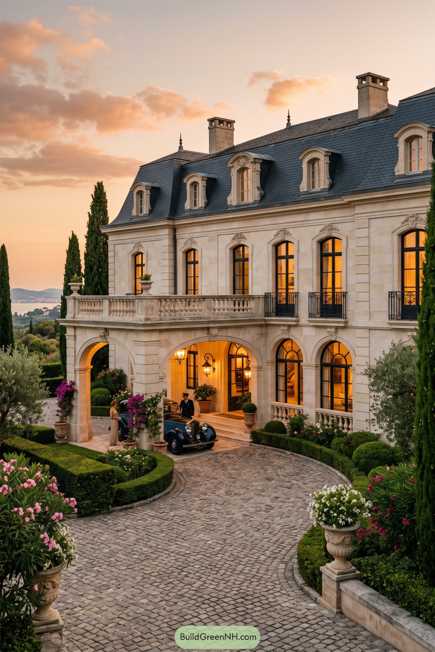 Limestone manor with arched entry loggia and formal gardens at sunset