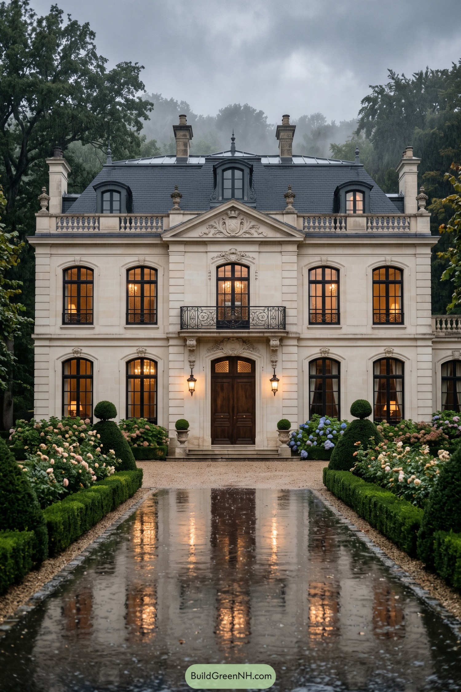 Pale stone villa with a slate roof and formal rose garden in rain