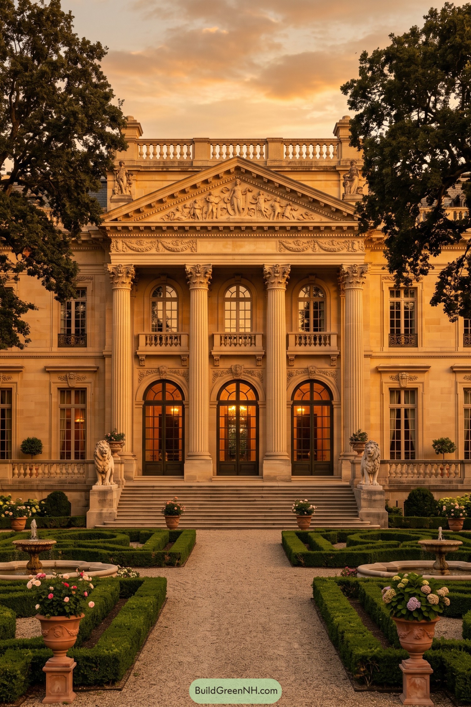 Neoclassical manor with Corinthian columns and formal garden
