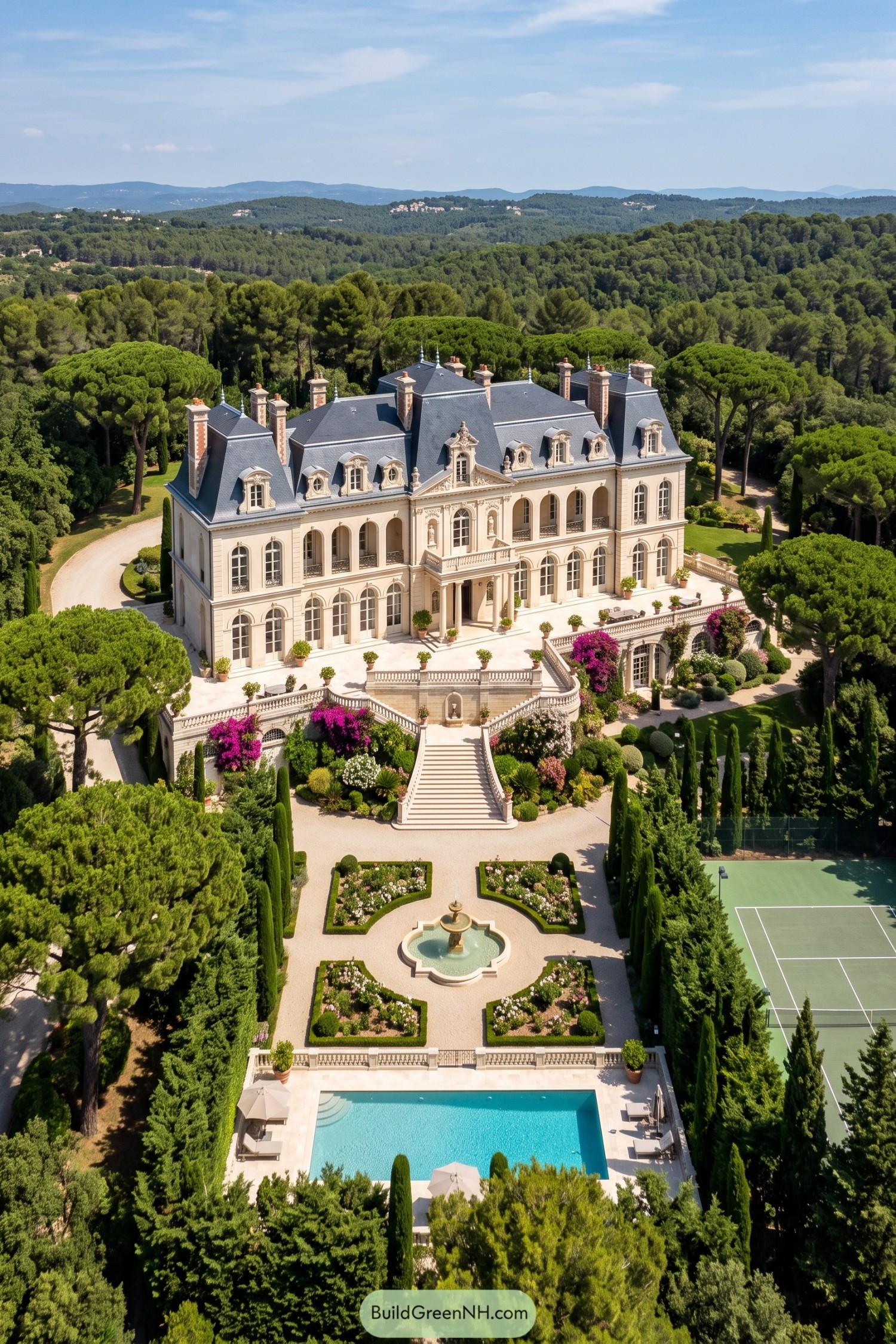 A grand château villa with formal gardens pool and tennis court