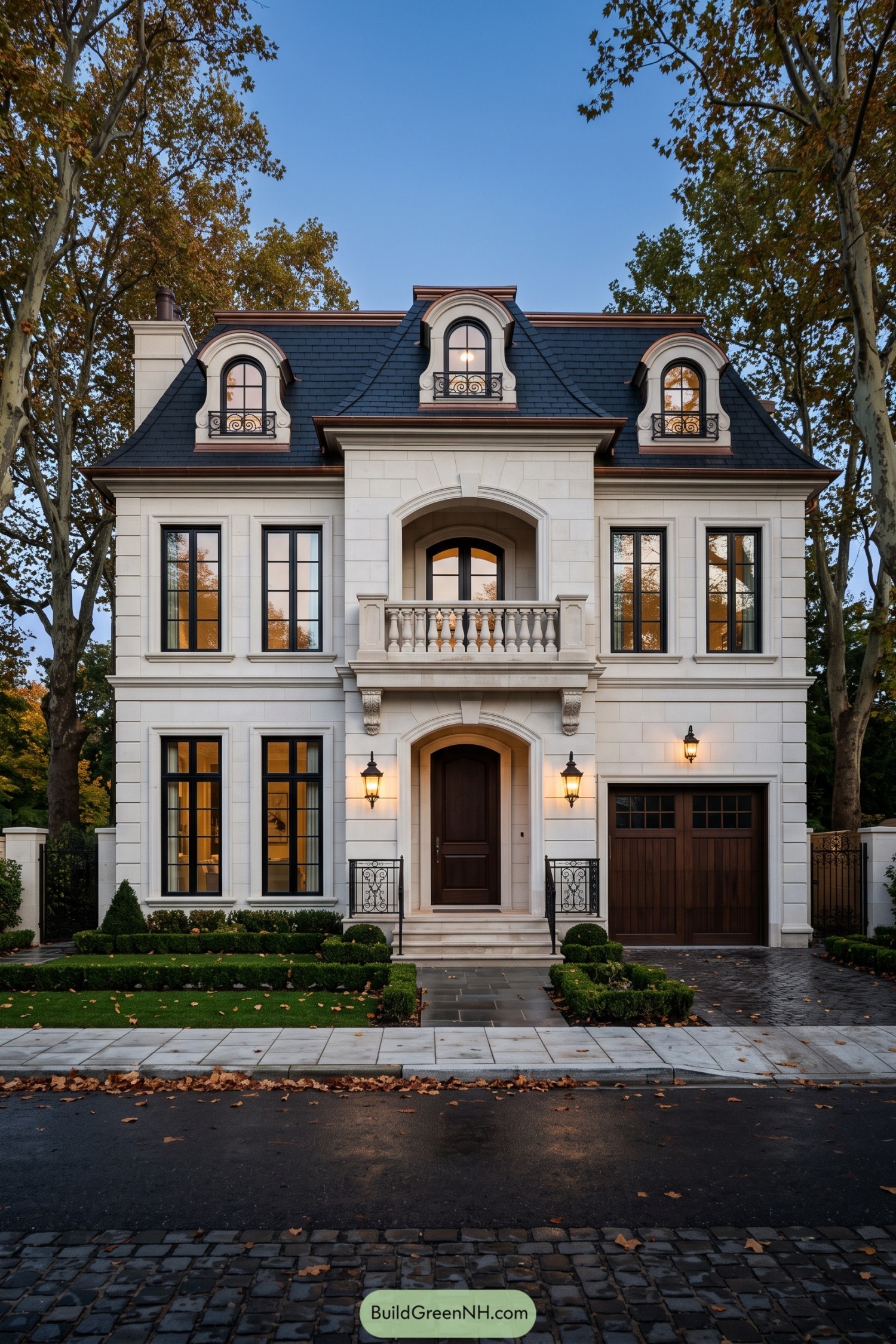 Elegant limestone villa with a slate mansard roof and arched dormers