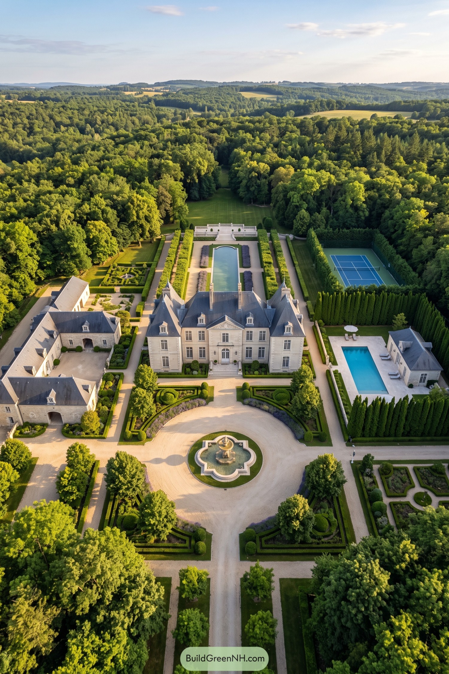 Aerial view of a Normandy inspired estate with formal gardens and pools