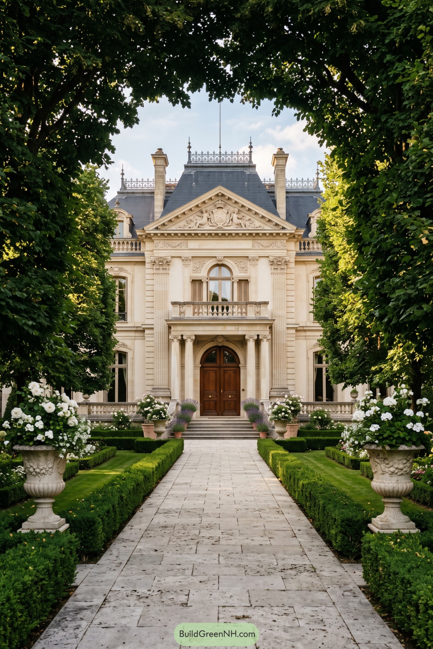 Ornate limestone villa beyond a formal garden path