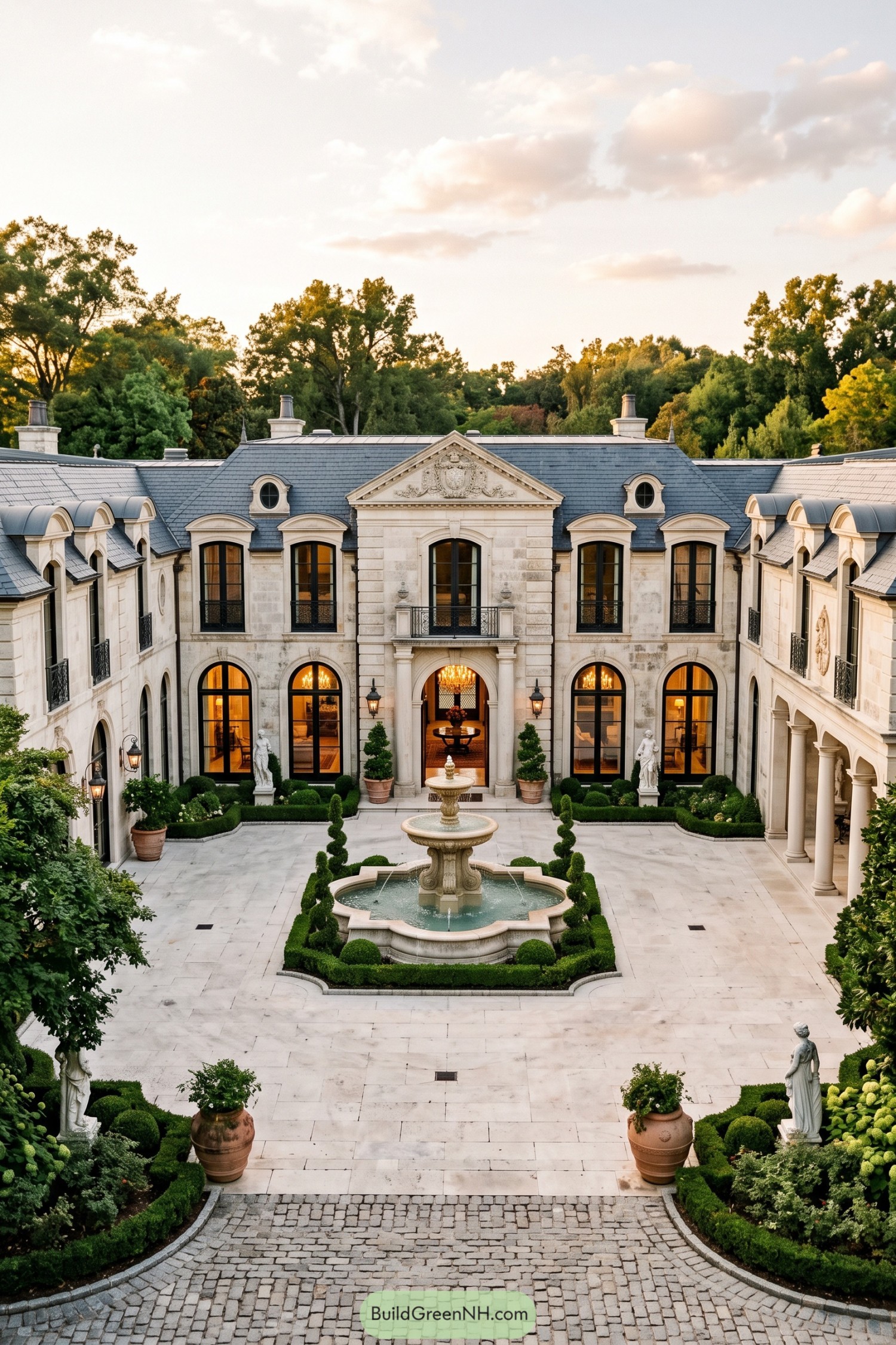 Limestone villa courtyard with fountain and clipped hedges