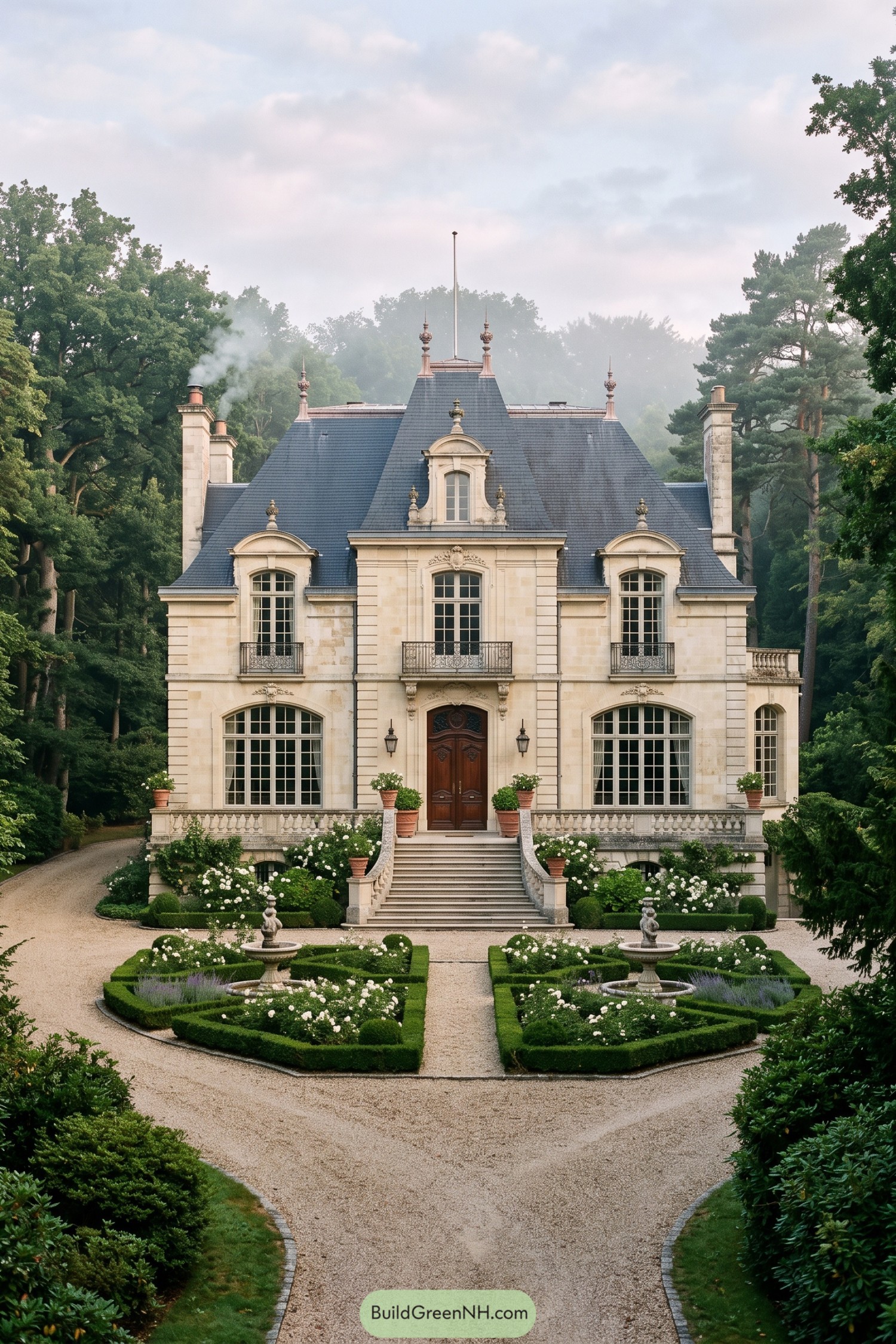 Limestone villa with a slate mansard roof and formal parterre garden