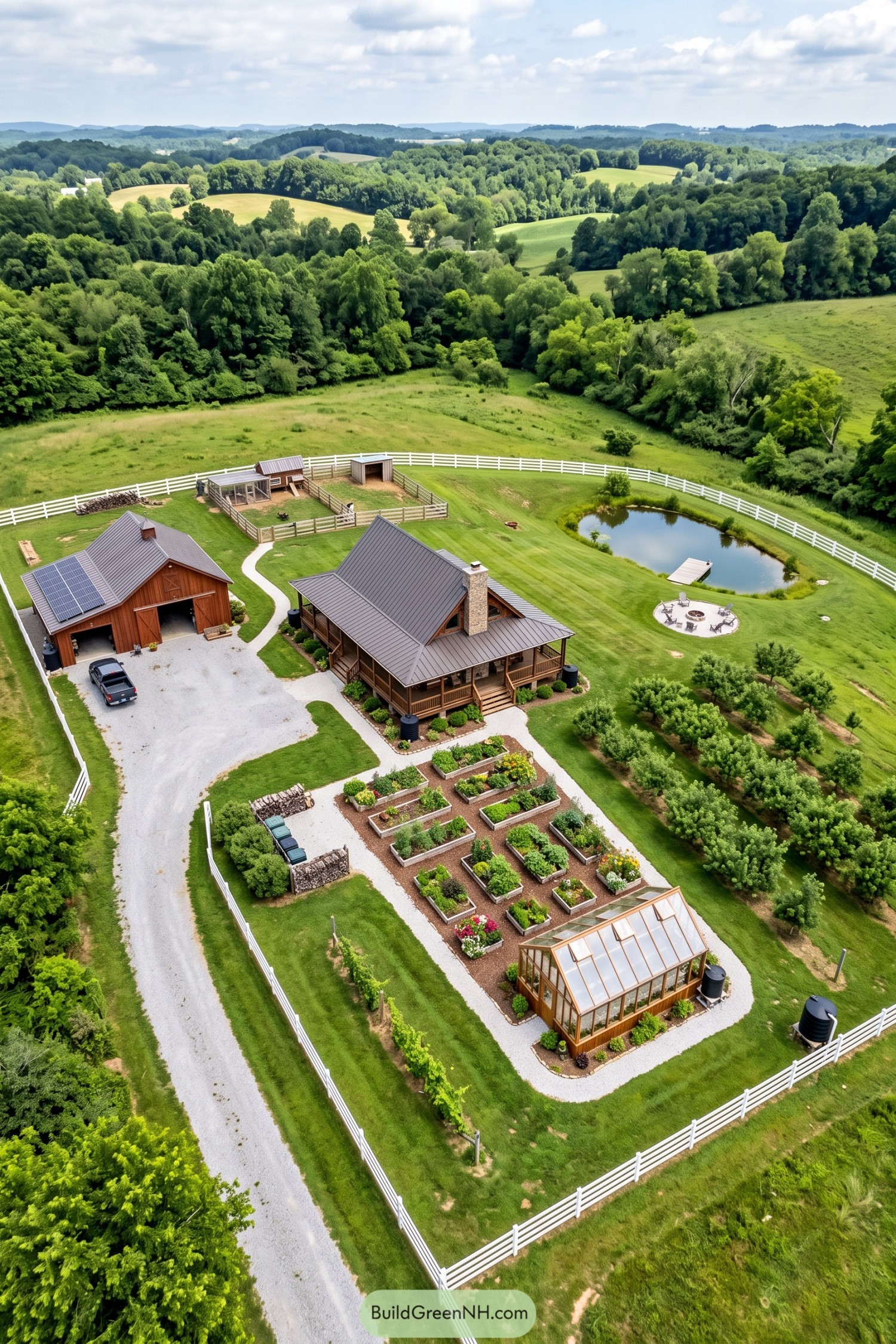 Fenced homestead with greenhouse orchard barn pond and raised beds
