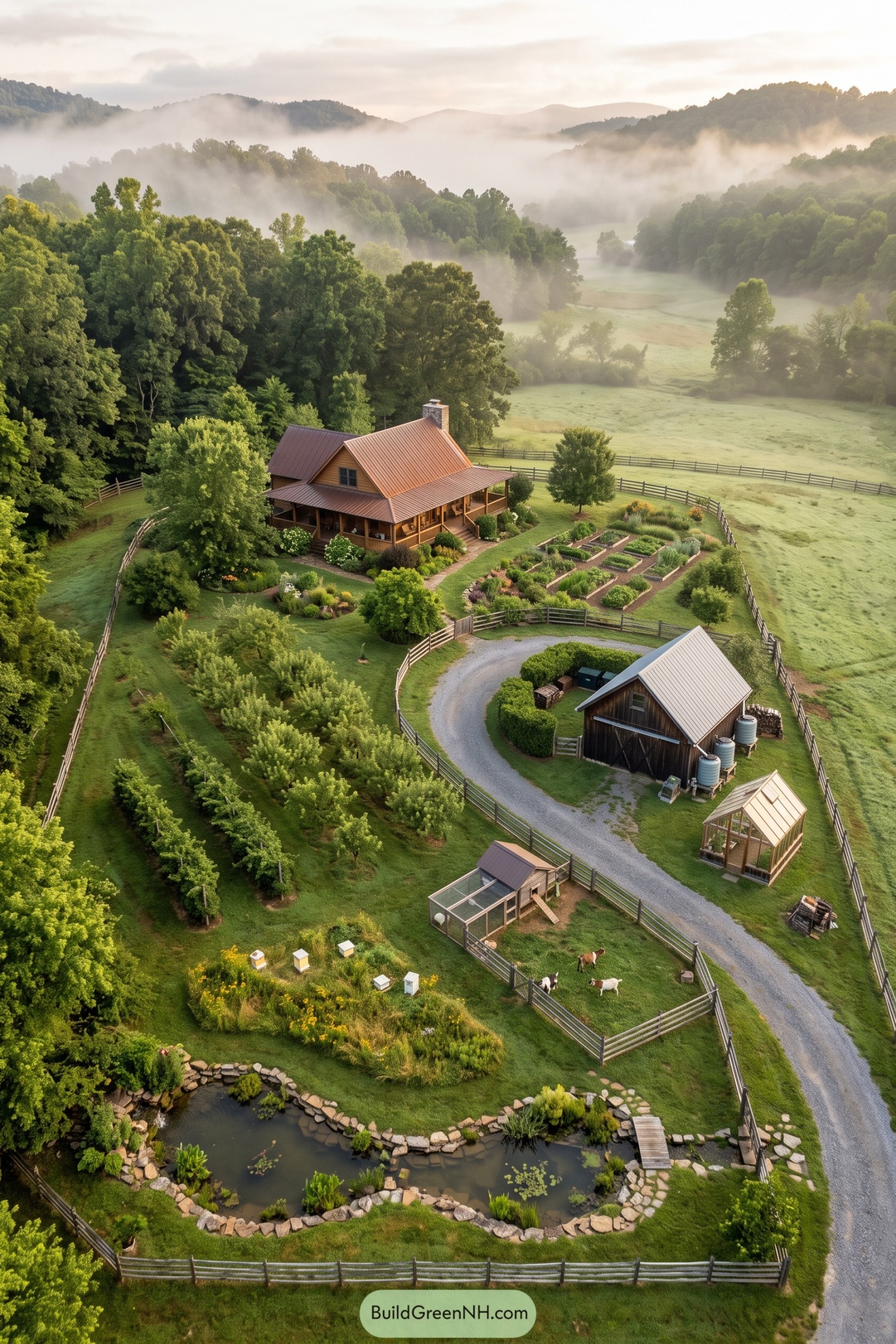 One-acre homestead with cottage orchard pond greenhouse and goat pen