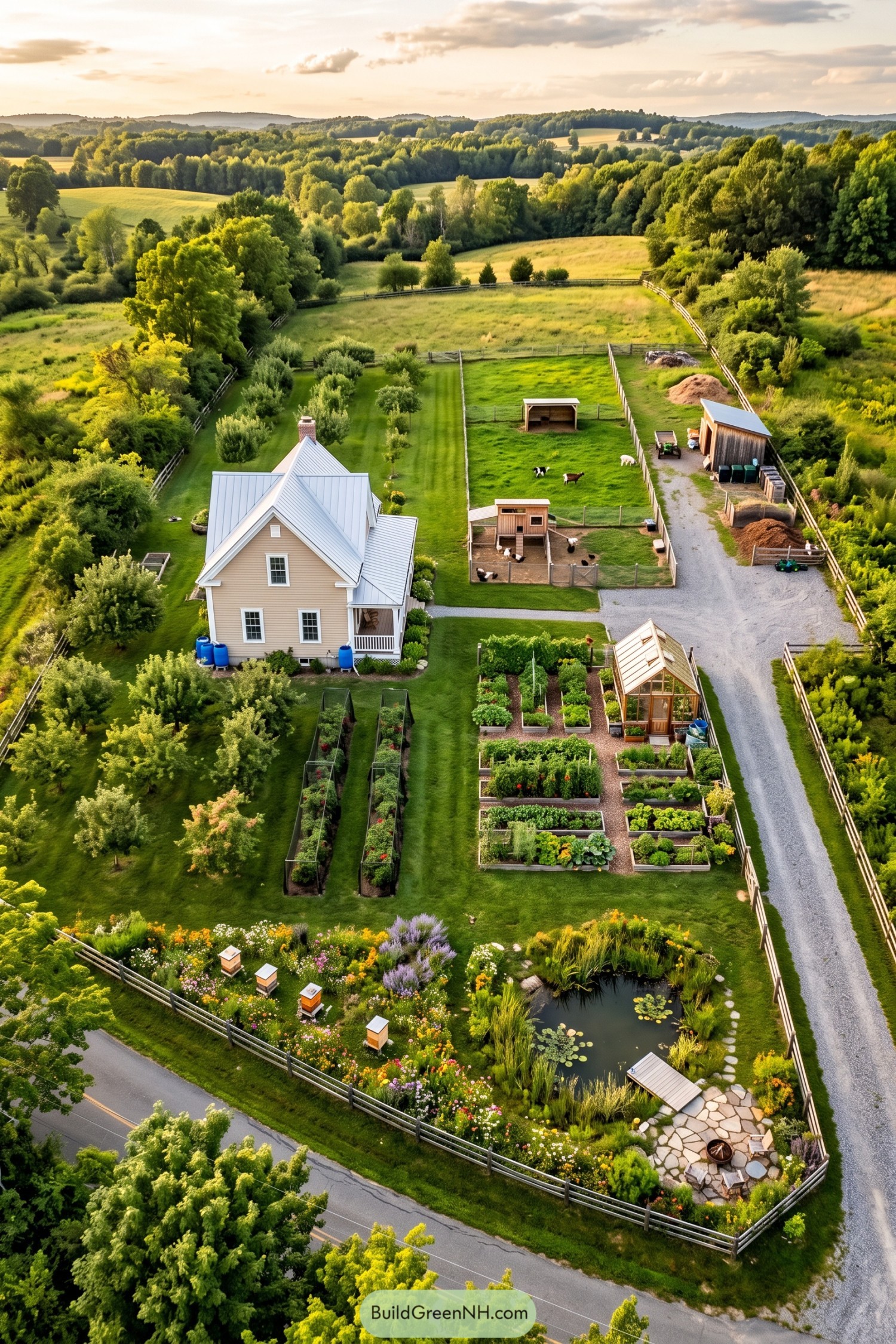 Aerial view of a cottage homestead with garden beds pond beehives and livestock pens