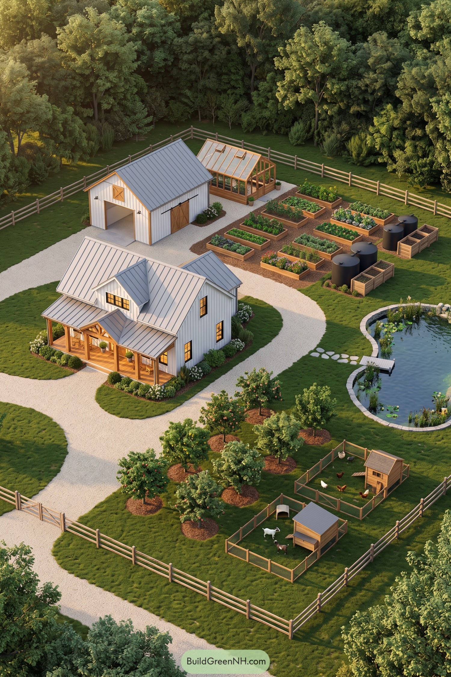 One-acre homestead with farmhouse greenhouse gardens orchard pond and animal pens