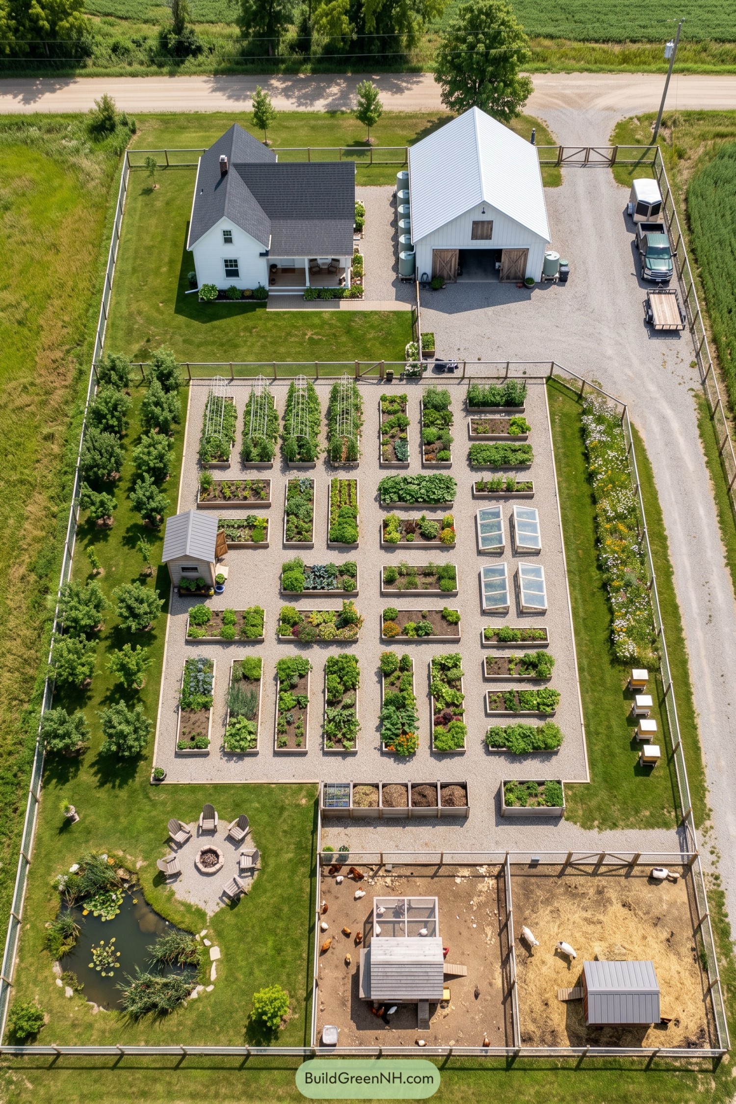 Aerial view of fenced homestead with garden beds barn pond and animal pens