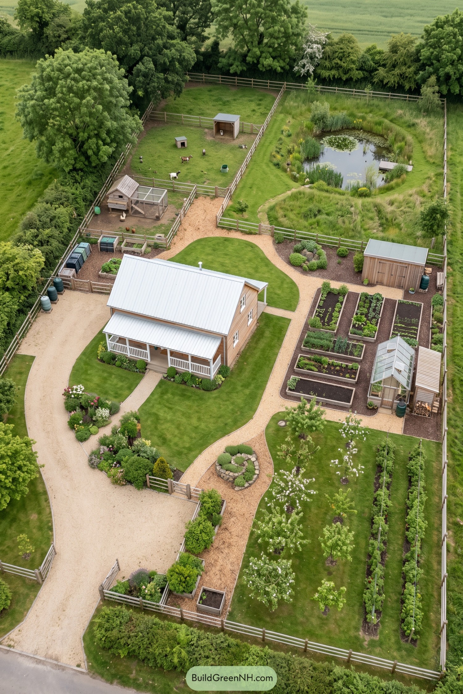 One-acre cottage homestead with gardens greenhouse pond and animal pens