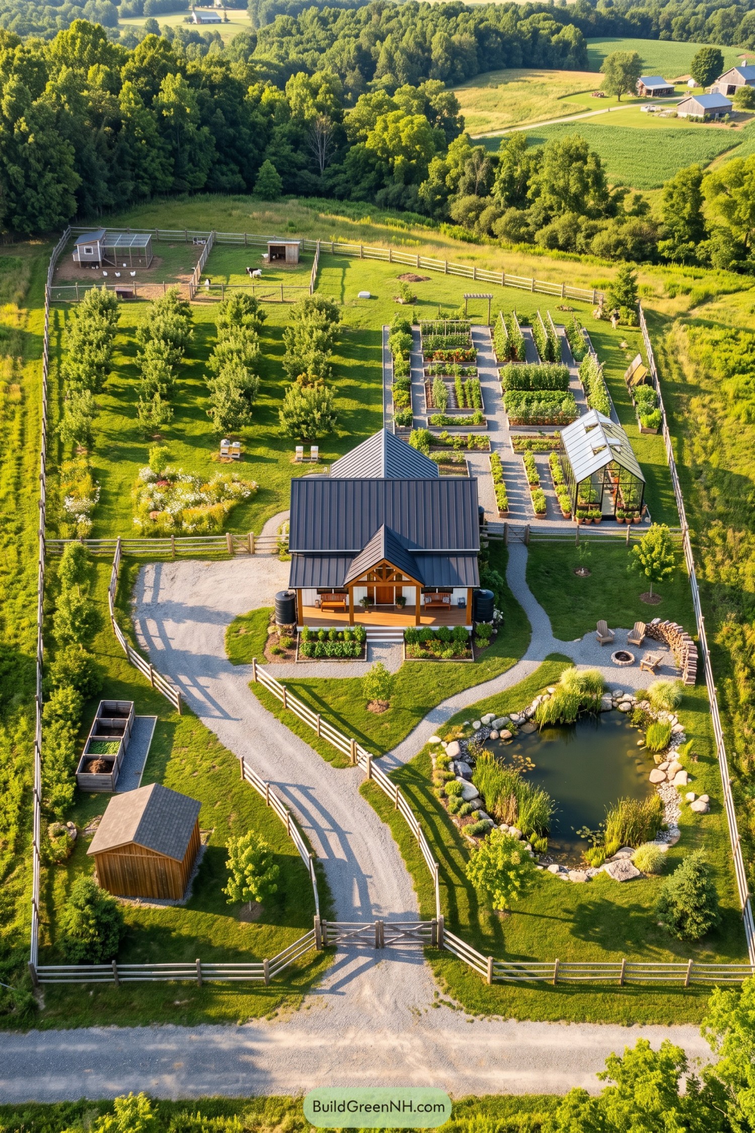 A fenced homestead with cottage greenhouse garden orchard animal pens and pond