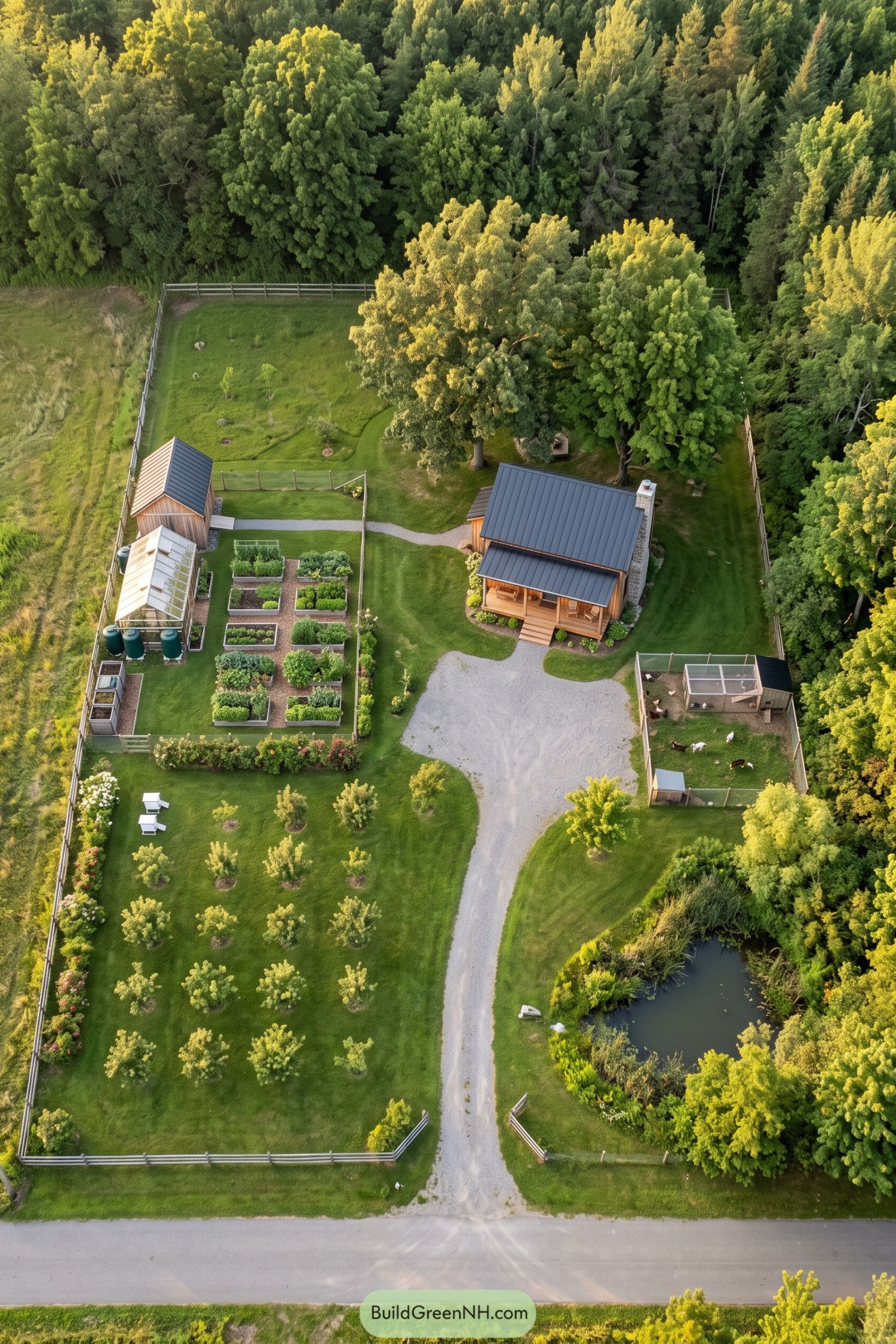 Aerial view of a fenced forest-edge homestead with cottage gardens orchard pond and livestock pen