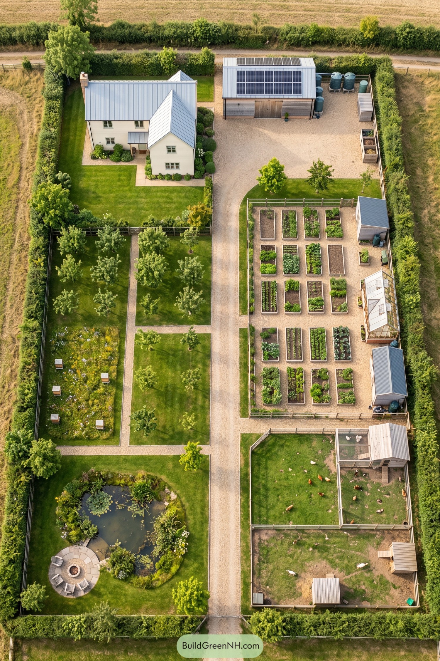 Aerial view of a homestead with gardens orchard pond apiary and poultry pens