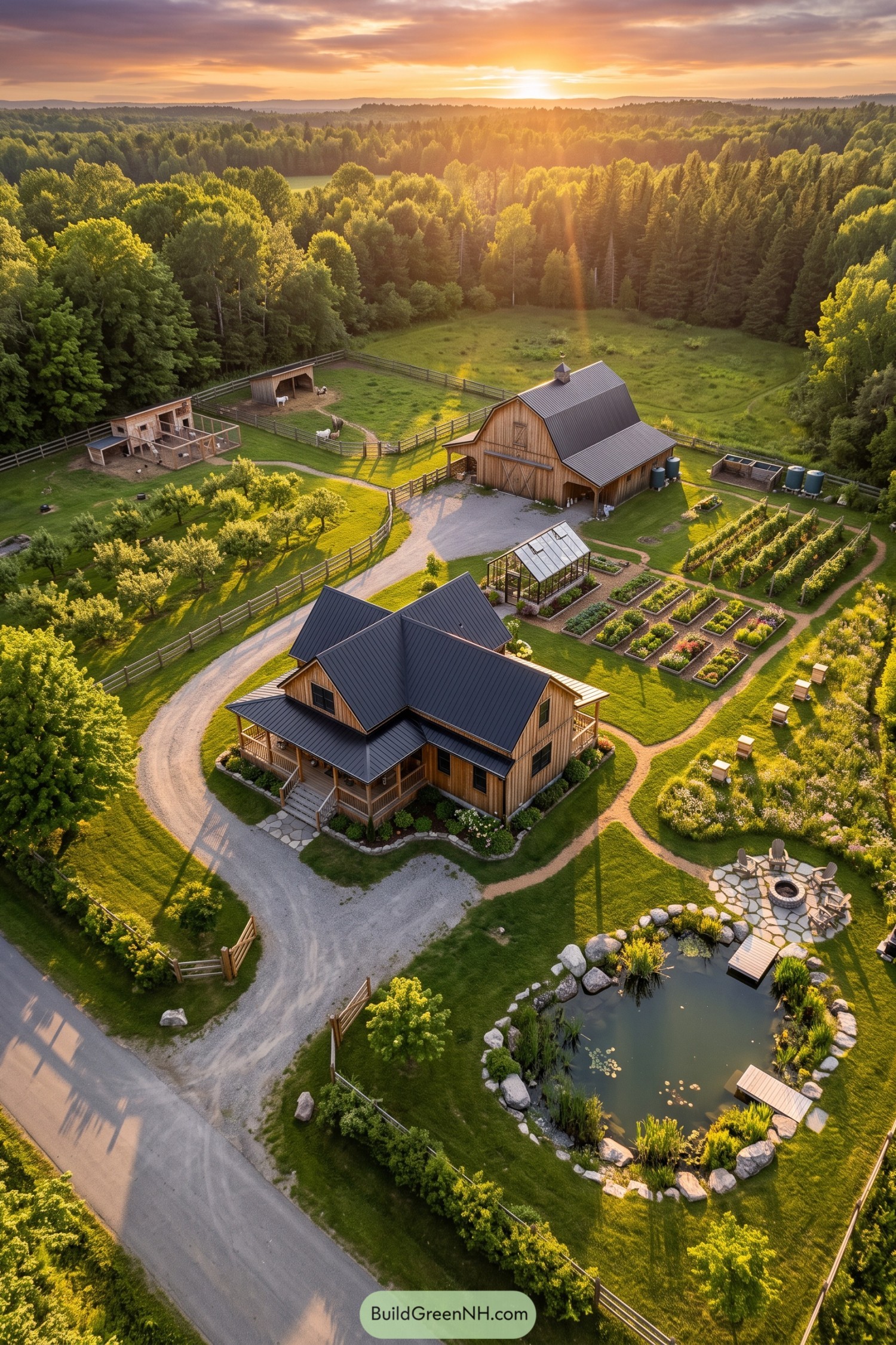 Aerial view of a cottage barn greenhouse gardens and pond
