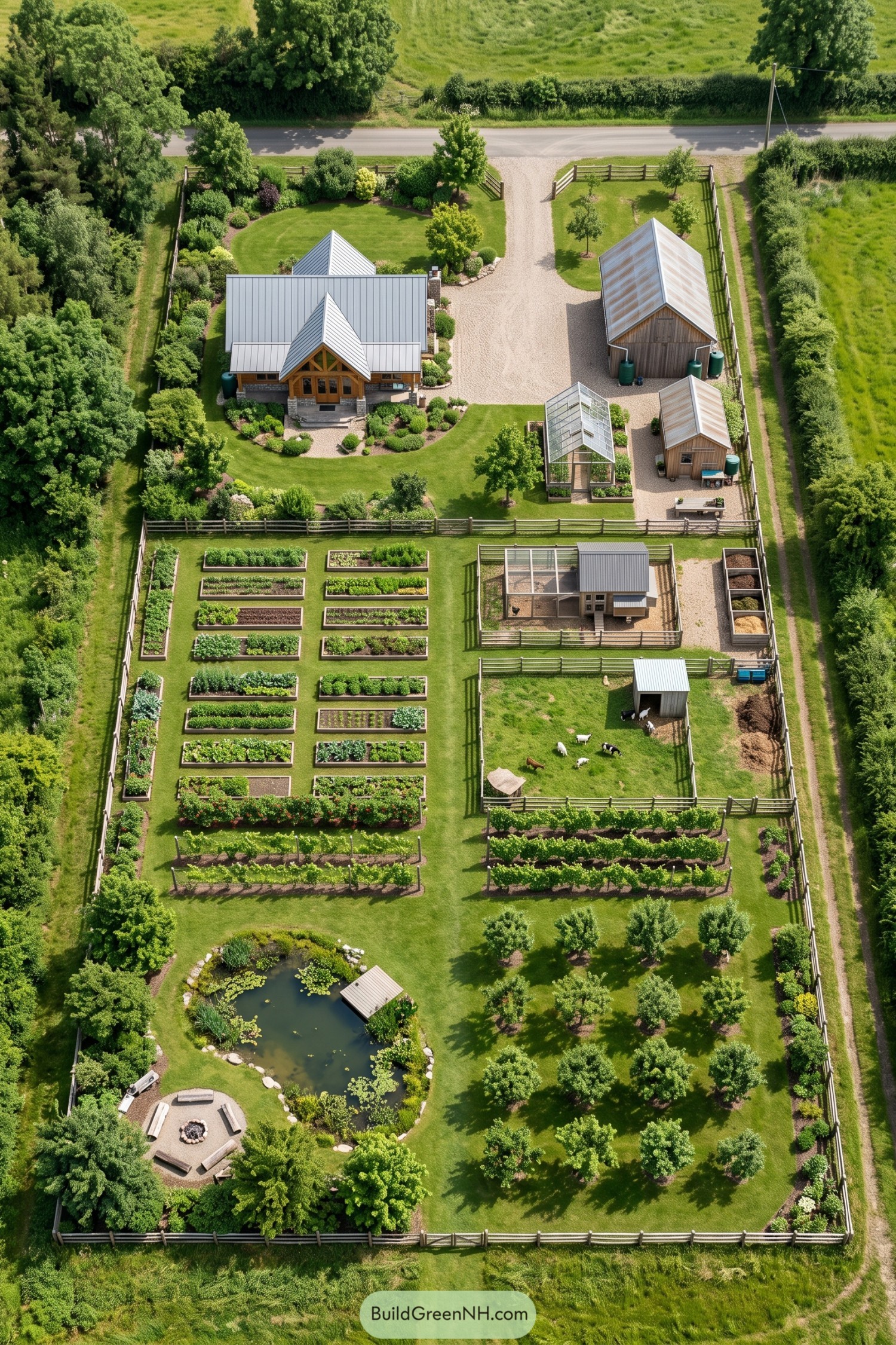 Aerial view of a fenced homestead with gardens livestock and pond