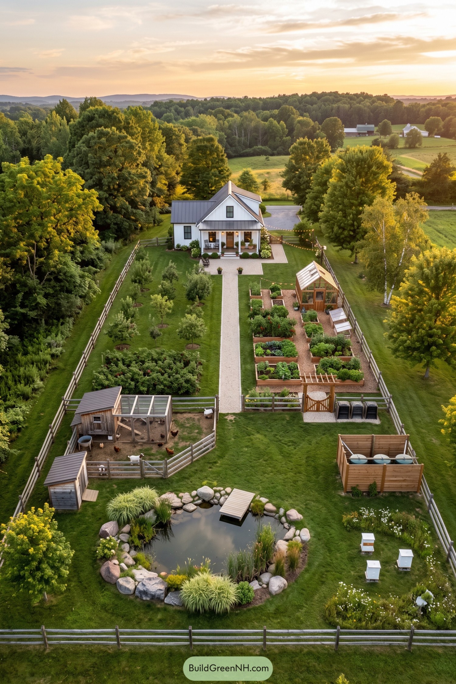 One acre homestead with gardens poultry pond and cottage