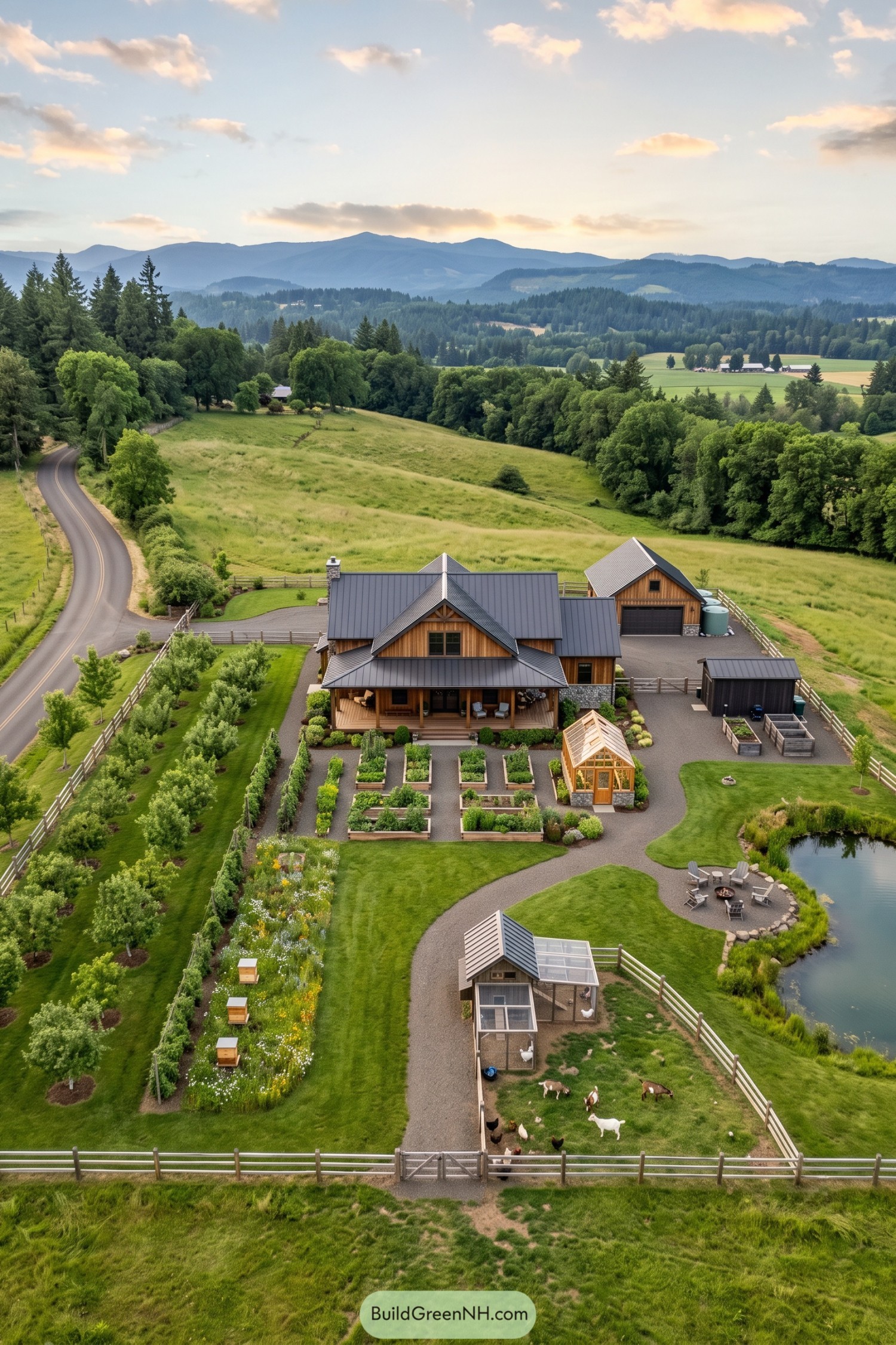 Wood farmhouse with gardens greenhouse livestock pen and pond