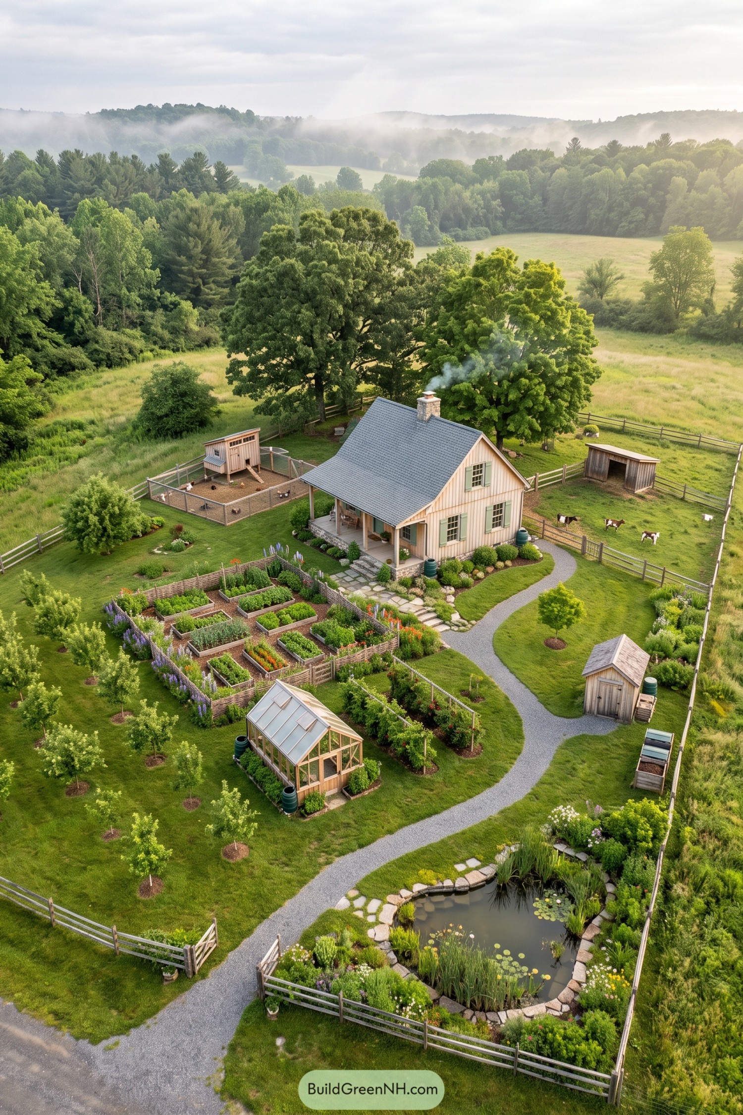 A cottage homestead with gardens greenhouse pond and animal pens