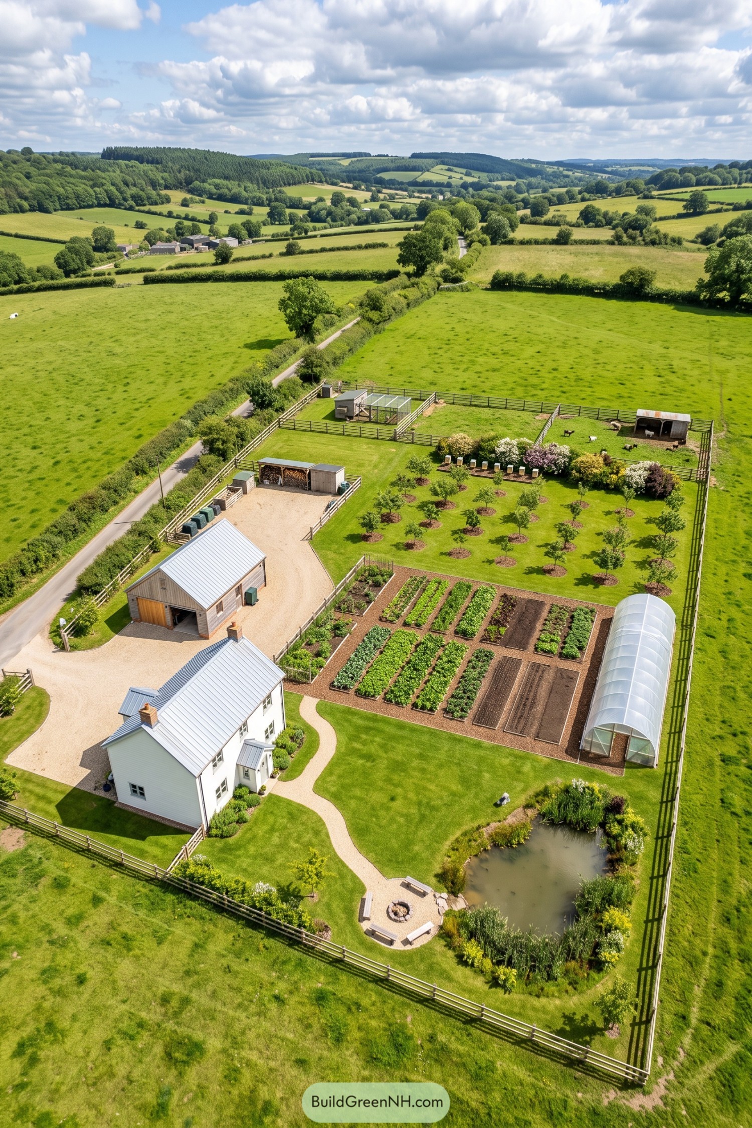 Aerial view of a fenced homestead with gardens orchard pond and livestock pens