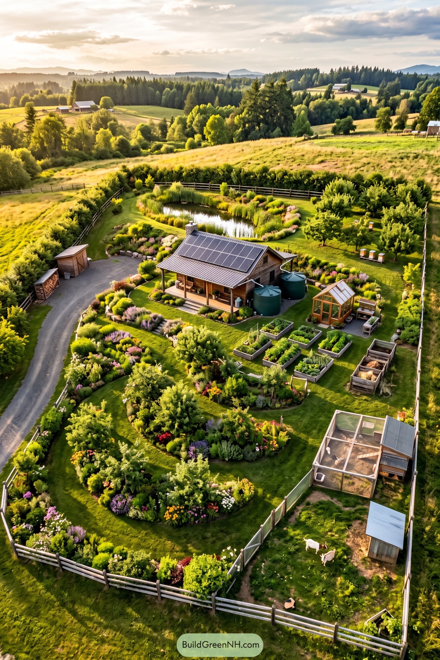 Solar-powered cottage homestead with gardens pond greenhouse and goats
