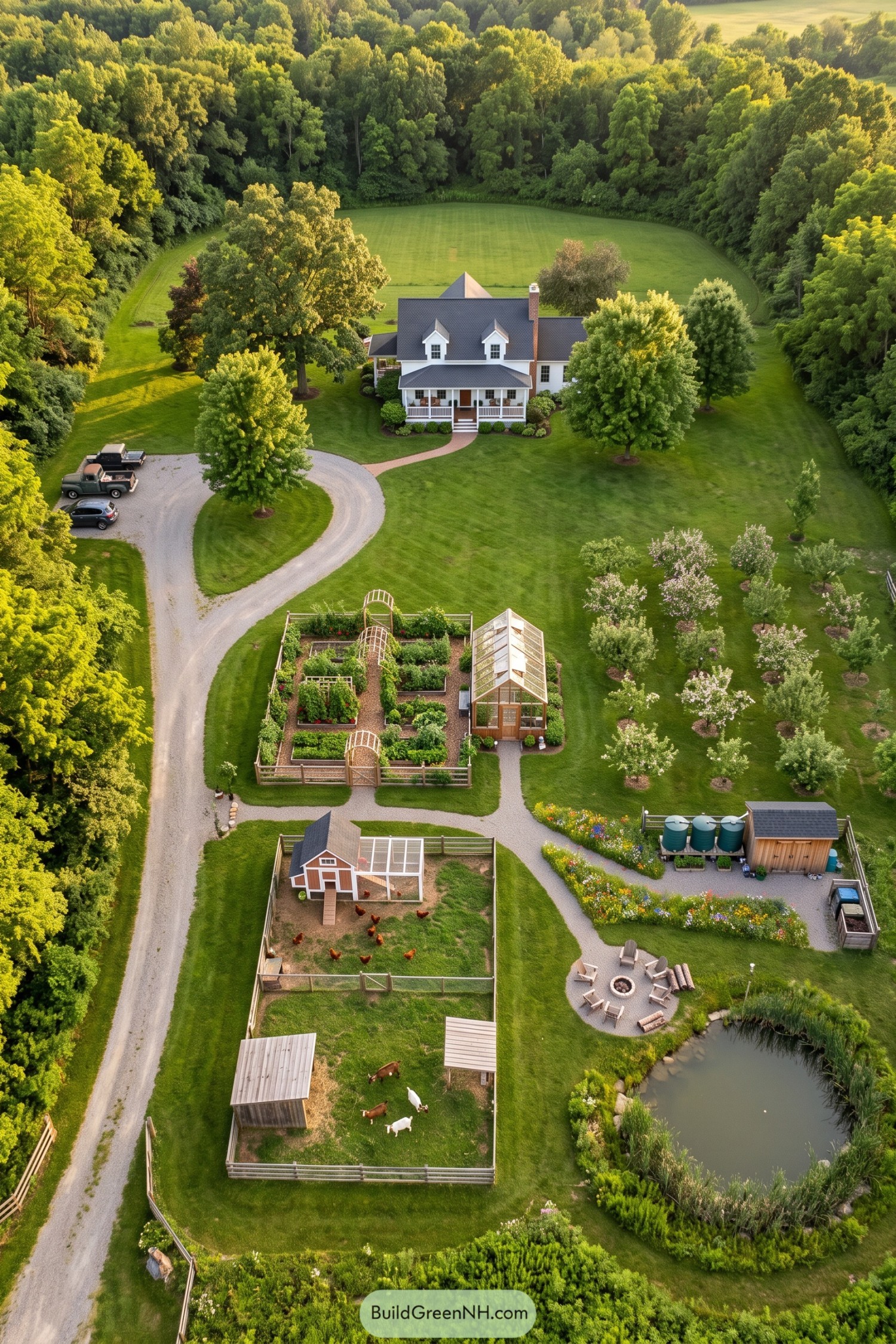 Aerial view of a woodland homestead with gardens livestock and pond