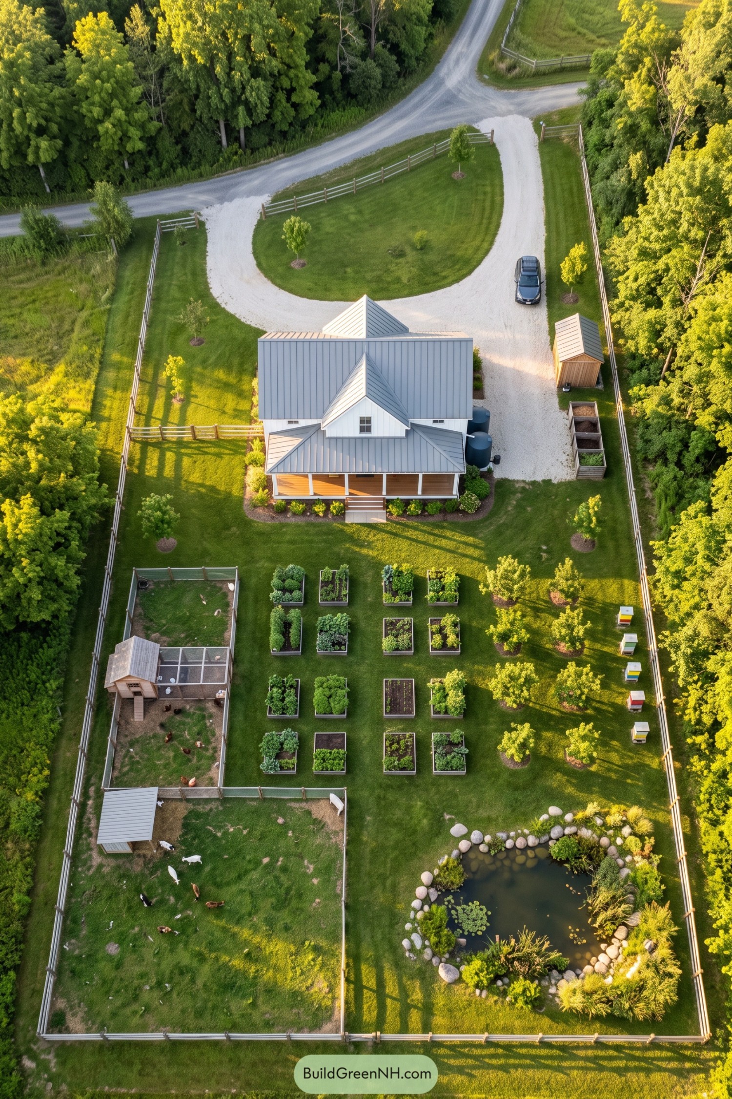 Aerial view of a fenced homestead with gardens livestock and pond