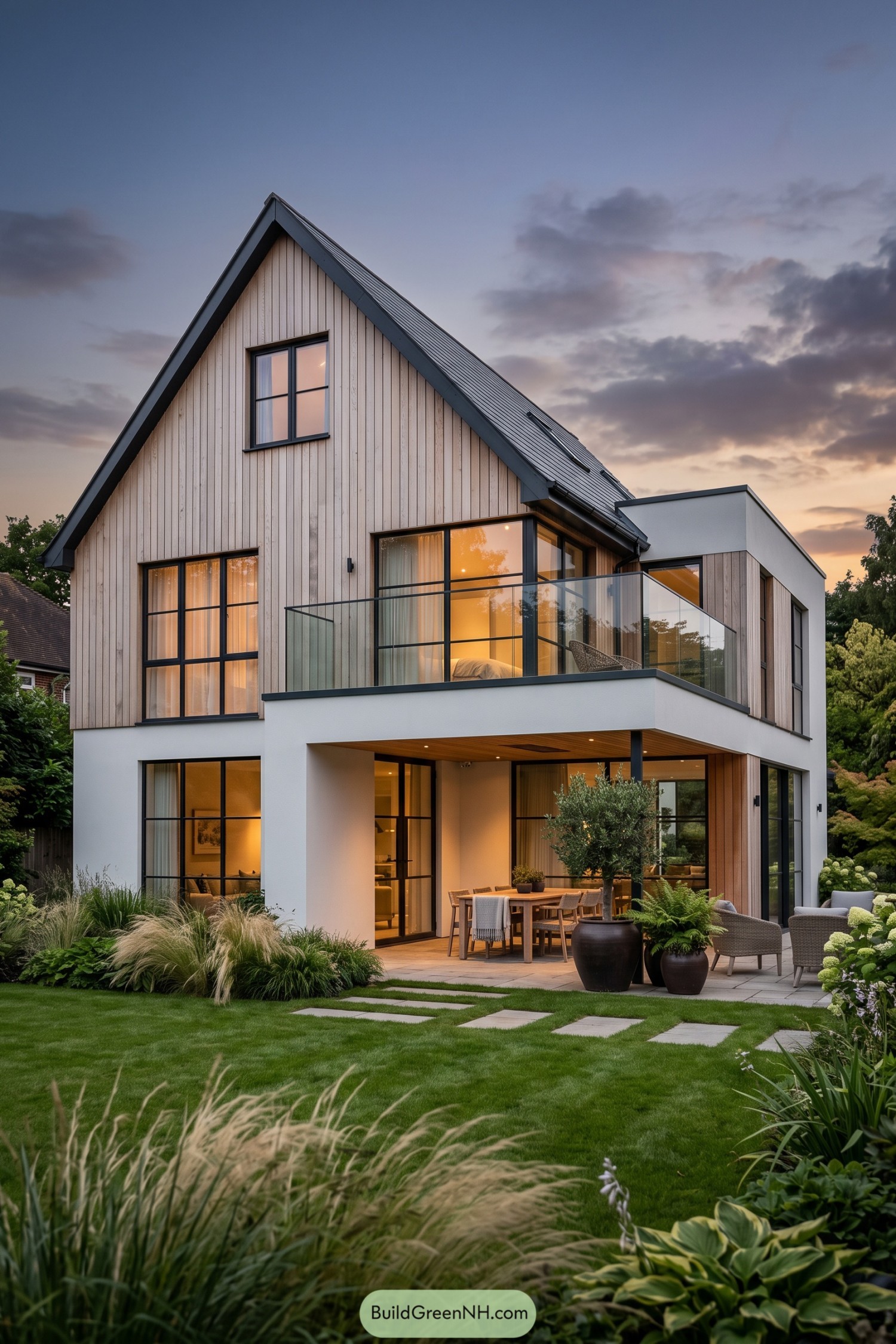 Modern timber gable house with glass balcony and garden patio