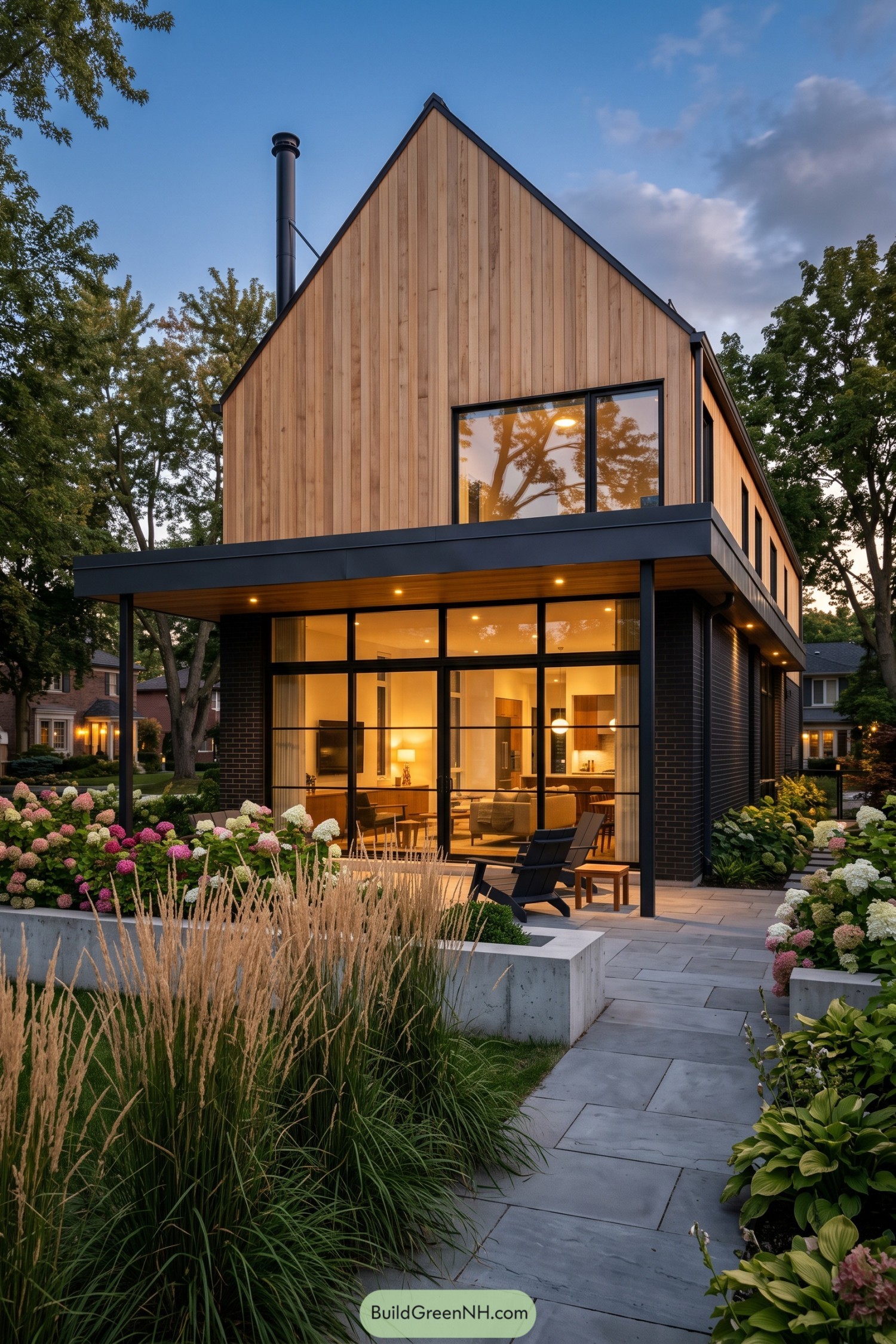 Modern timber gable home with glass walls and garden patio