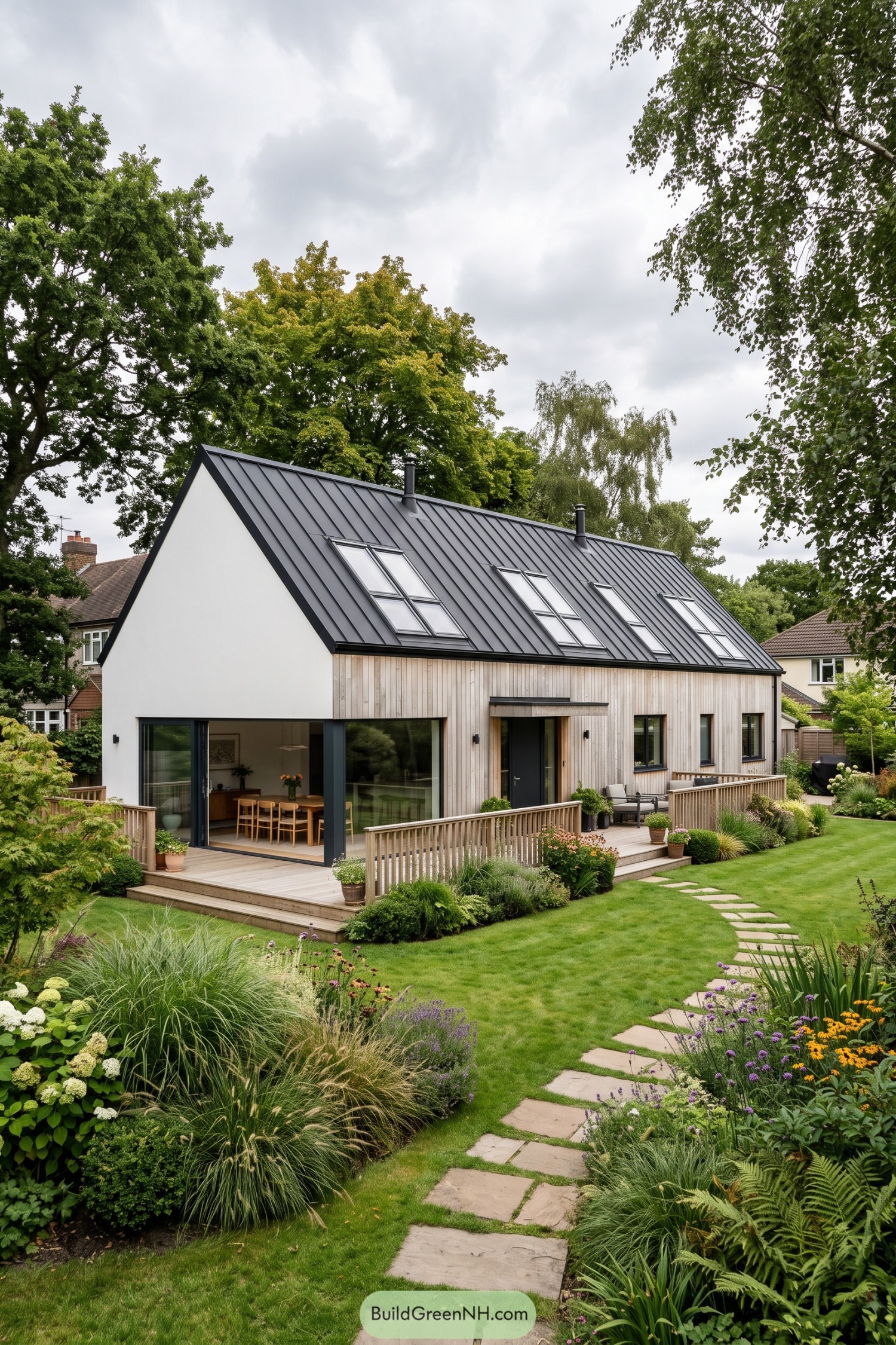 Contemporary cedar-clad house with a dark metal roof and garden deck