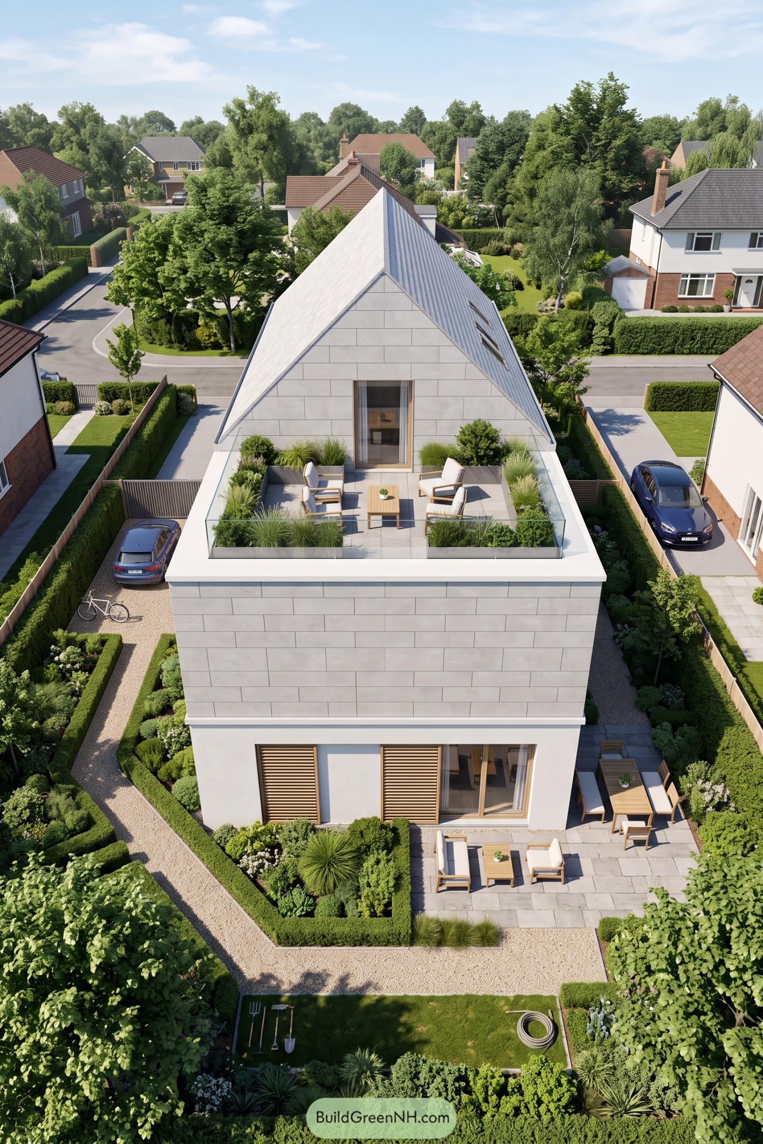 Modern gabled home with a planted rooftop terrace