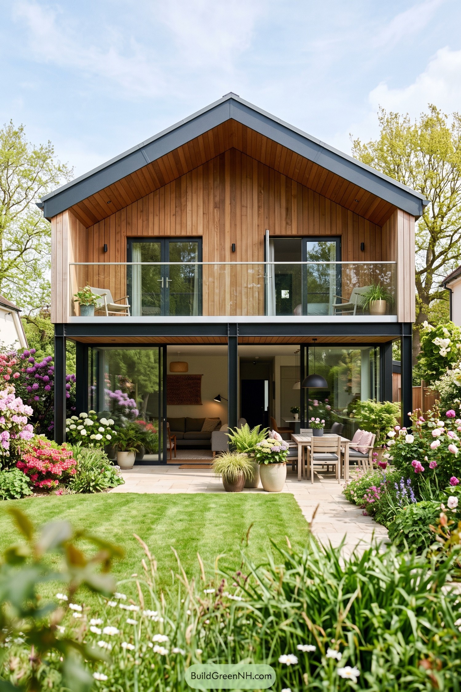 Two story timber clad home with glass walls and a flower filled garden