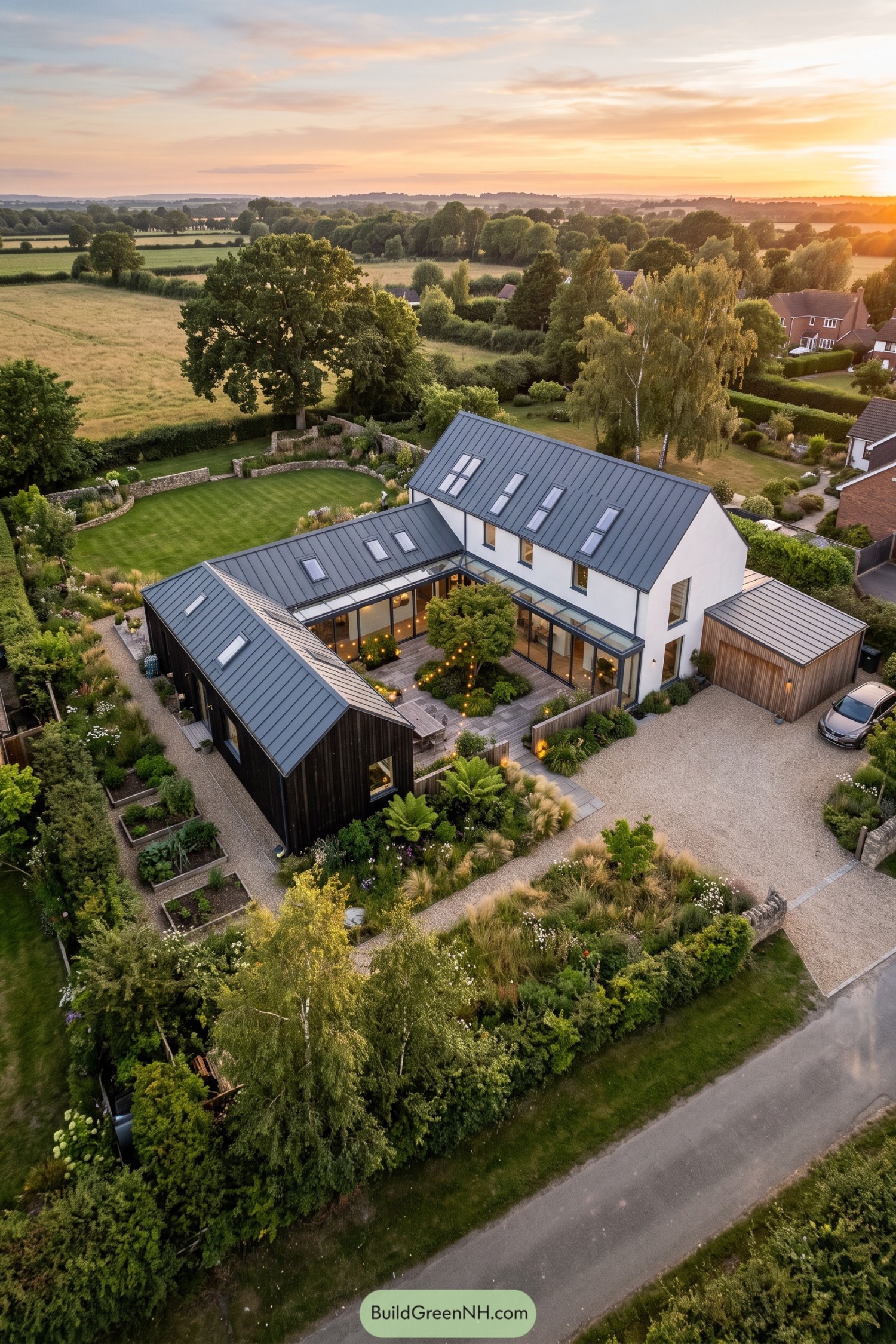Aerial view of a modern courtyard home amid gardens and fields