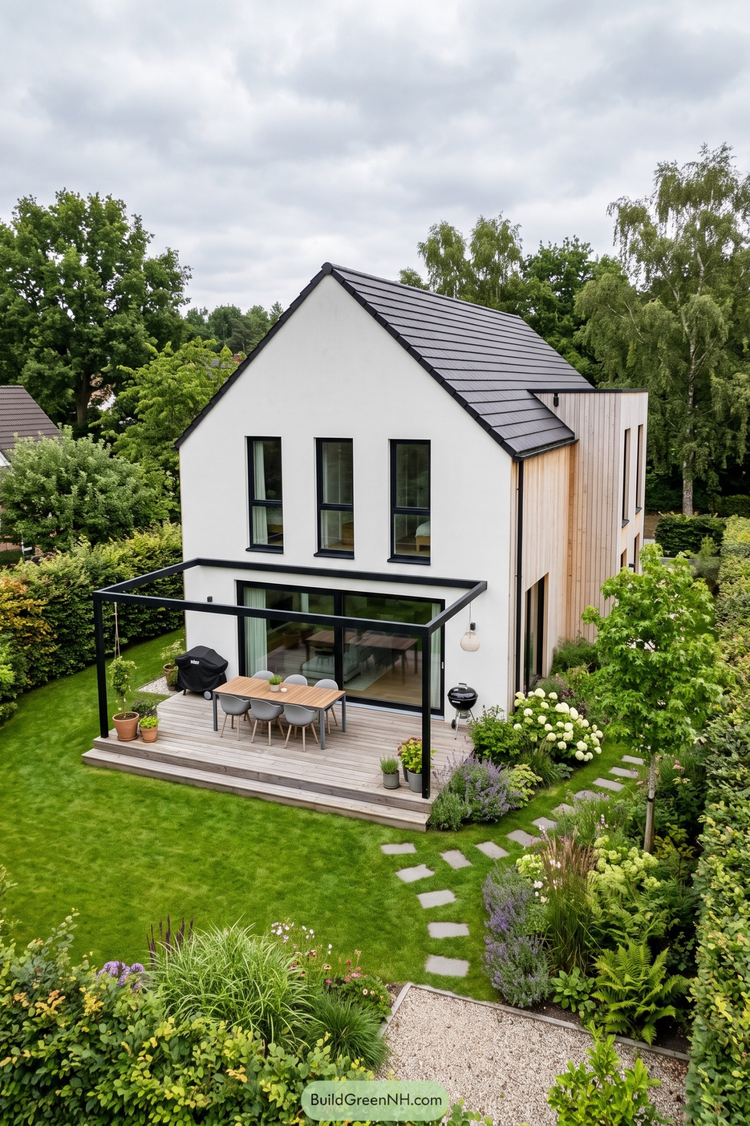 White gabled home with timber cladding and a covered garden deck