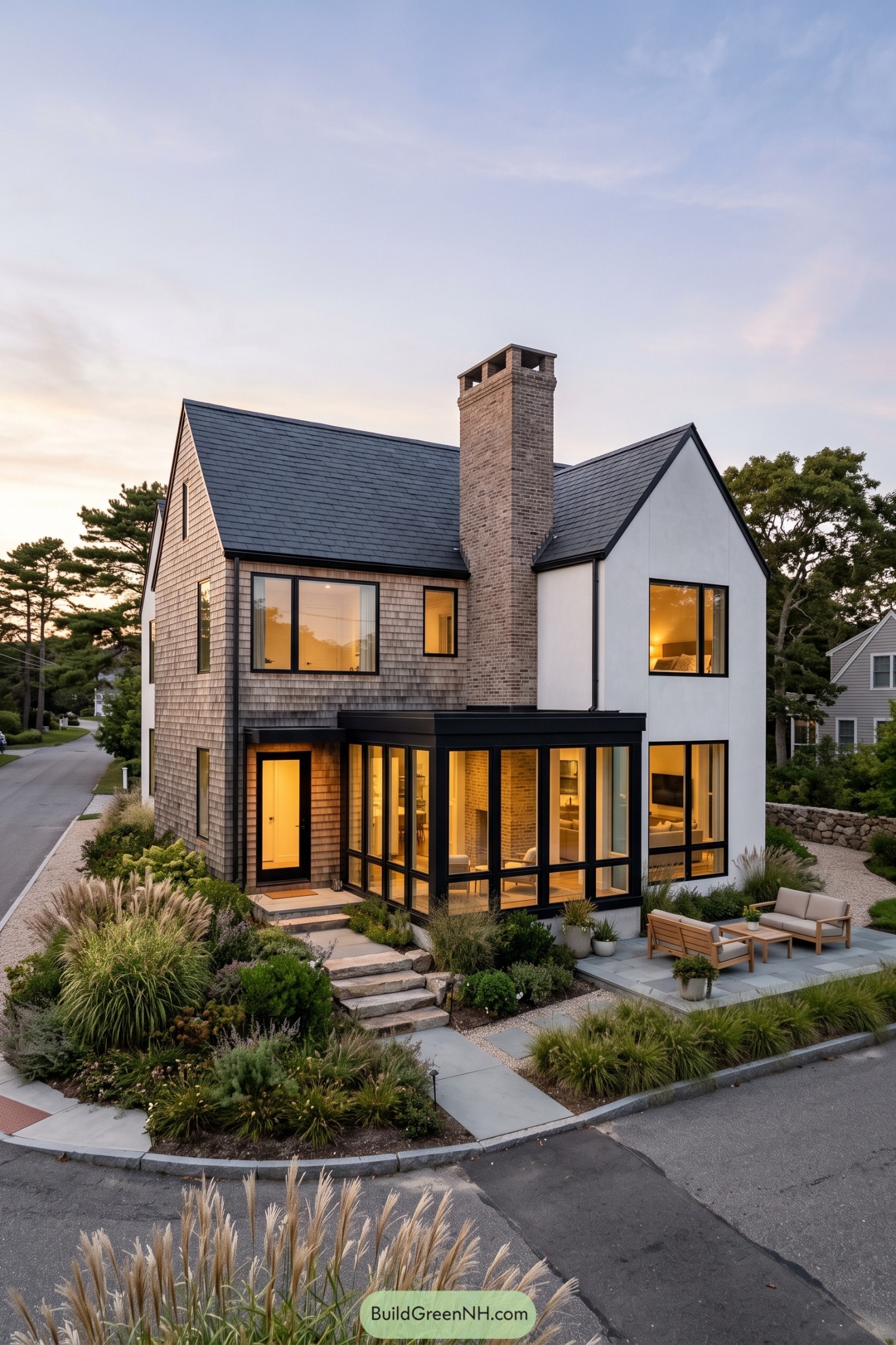 Contemporary shingle home with brick chimney and glazed porch