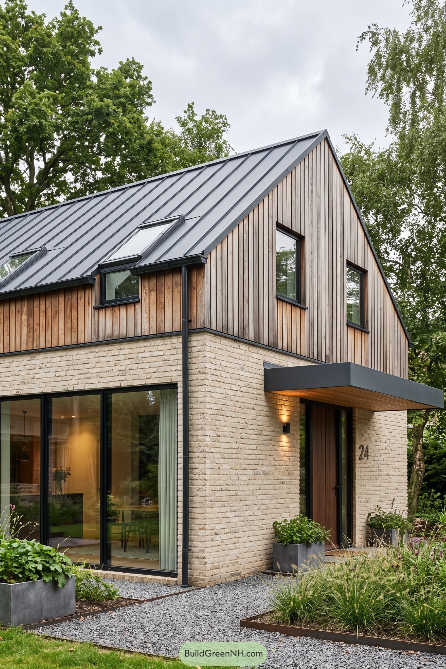 Modern gabled home with timber cladding and pale brick walls
