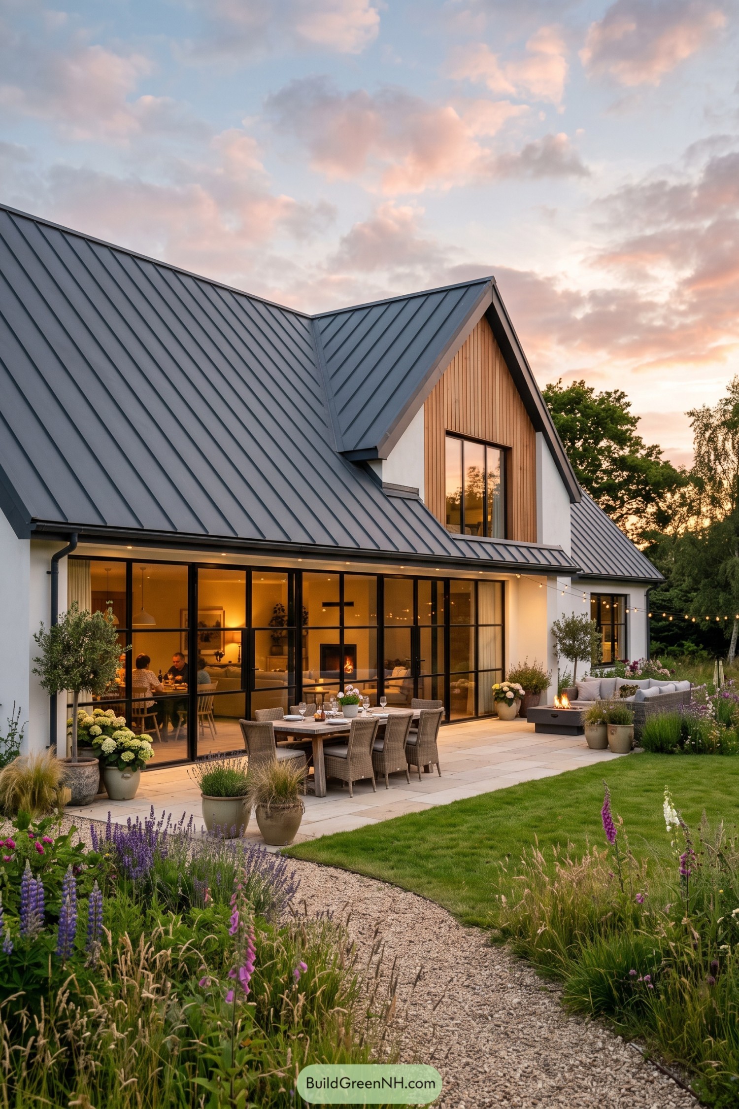 Modern gabled home with glass patio and flower garden at sunset