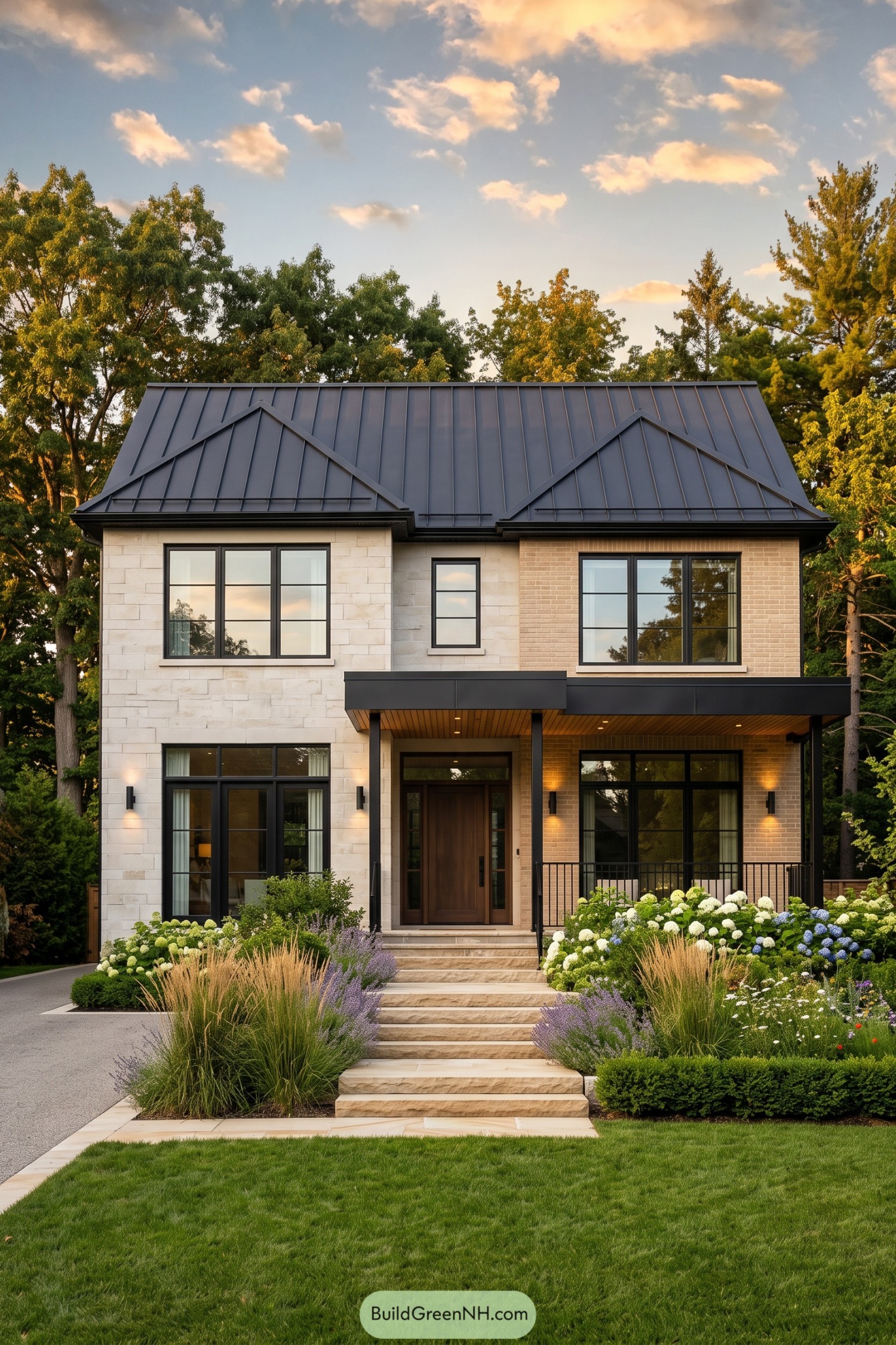 Two-story stone and brick home with a dark metal roof