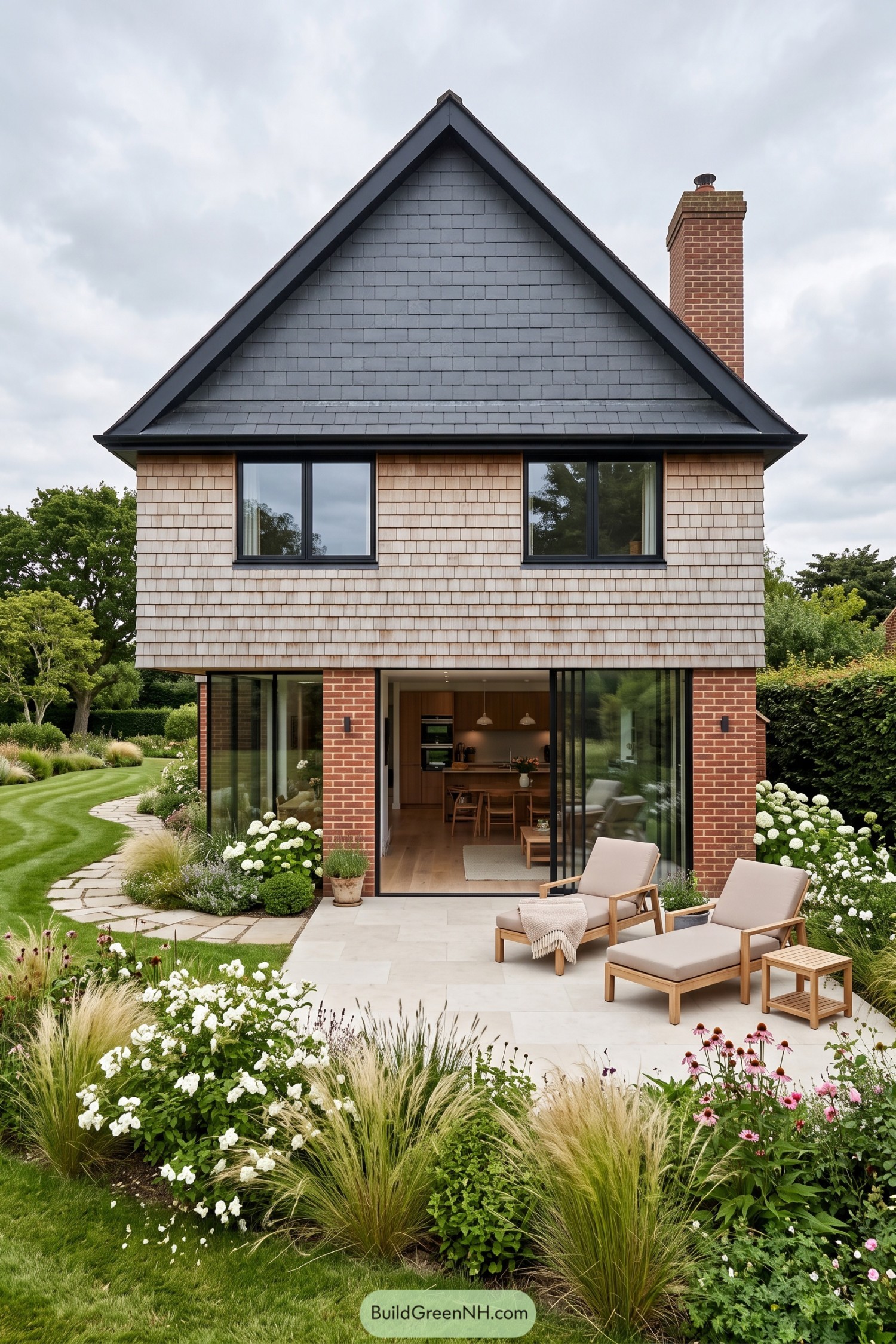 Brick and shingle home with garden patio