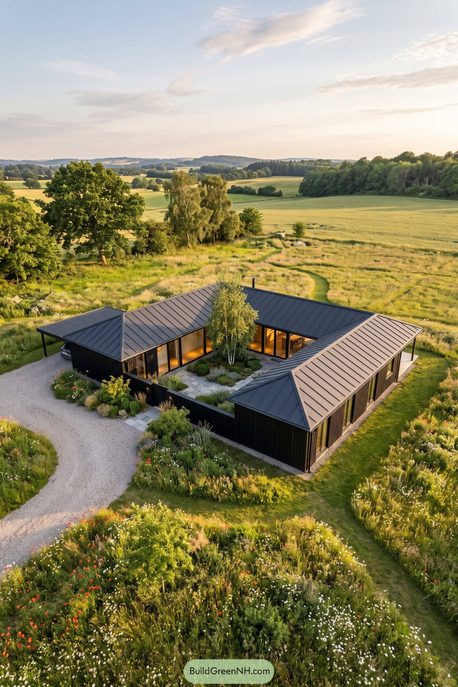 Black-clad courtyard home nestled in a wildflower meadow