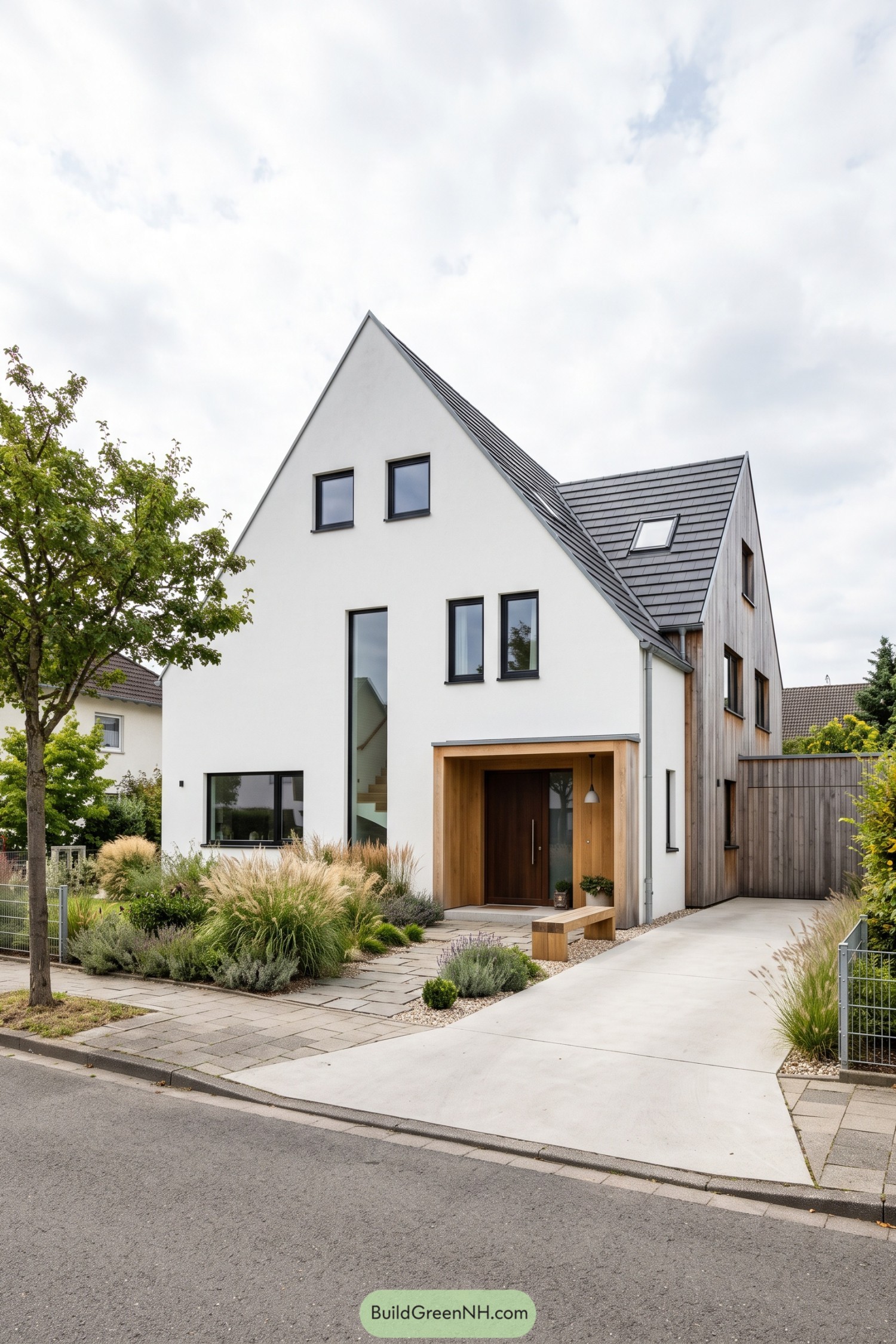 White gabled home with timber entry and side cladding