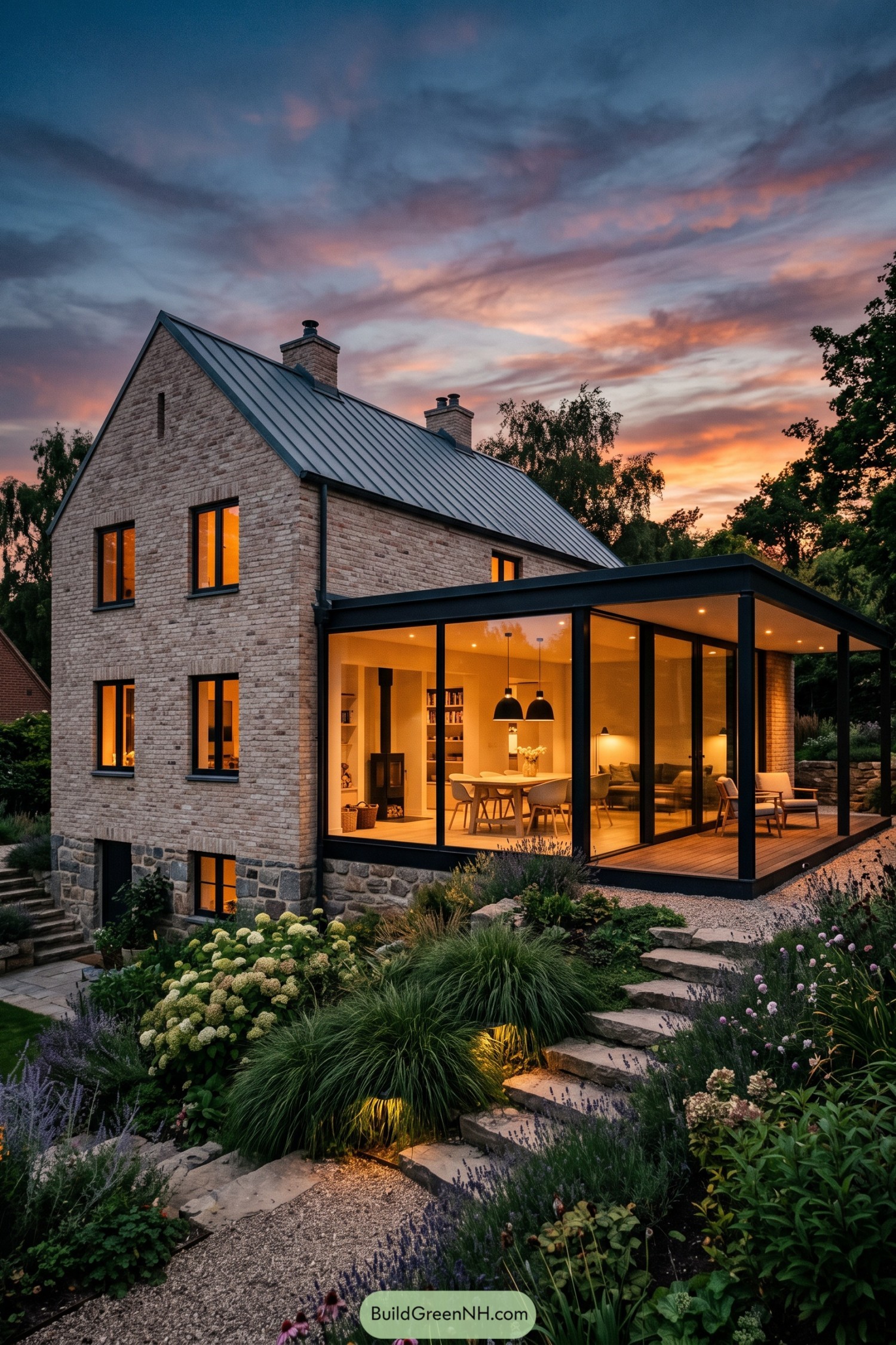 Brick home with a glazed modern extension and garden terrace at dusk